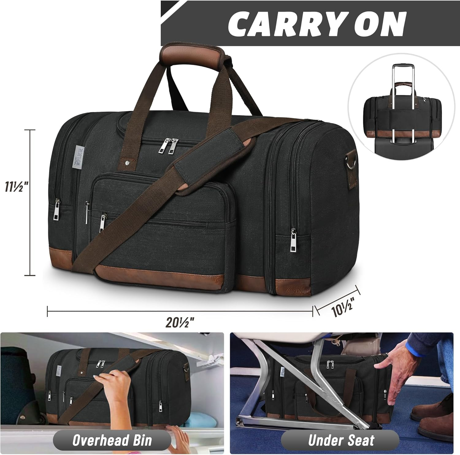 Wolhbege Duffle Bag for Travel,Mens Travel Bag & Carry on Bag for Men with Expandable Design and Luggage Sleeve &ndash;Duffel Bag for Gym, Weekender, Overnight Trips, Black, Carry on 22 Inch, Canvas Travel image number 1