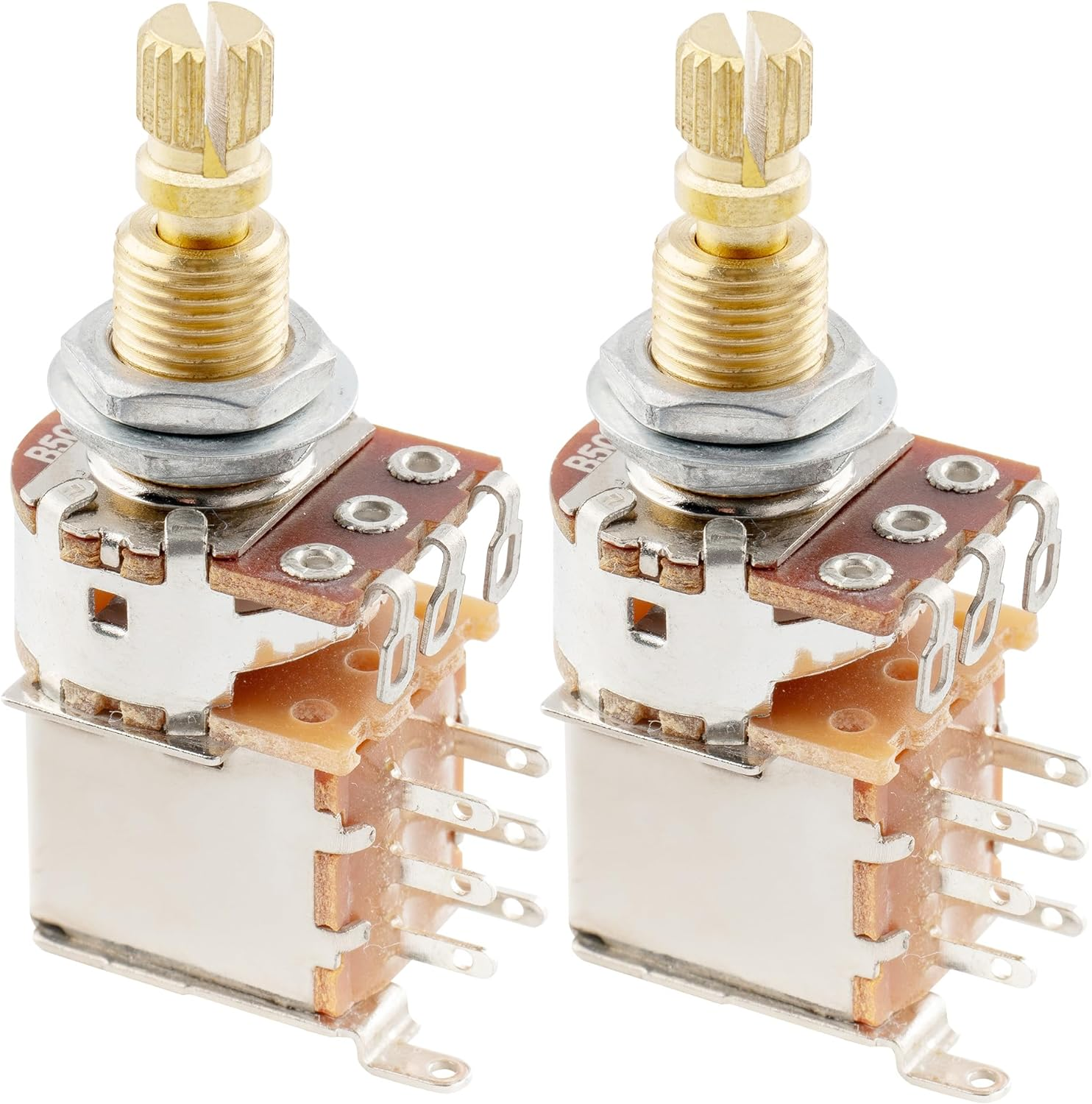 Musiclily Pro B250K Full Brass Metric Coarse 18-Spline Split Shaft Pots Push/Push Linear Taper Potentiometers for Electric Guitar Bass (Set of 2)