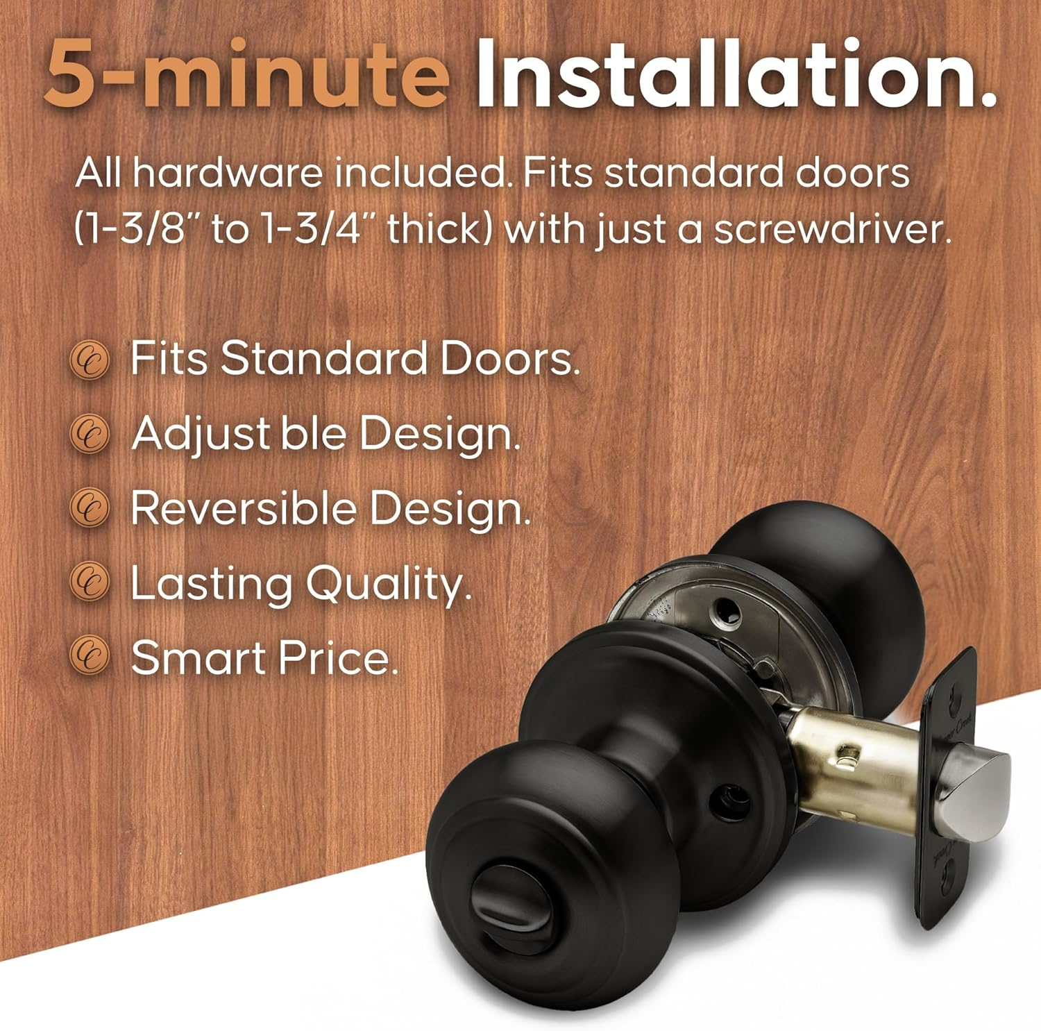 Copper Creek Matte Black Door Knobs - round Colonial Knob with Privacy Locking Function for Home Improvement, 2 Pack - Fits All Standard Doors - Locking Door Knob for Bedroom and Bathroom Use image number 1