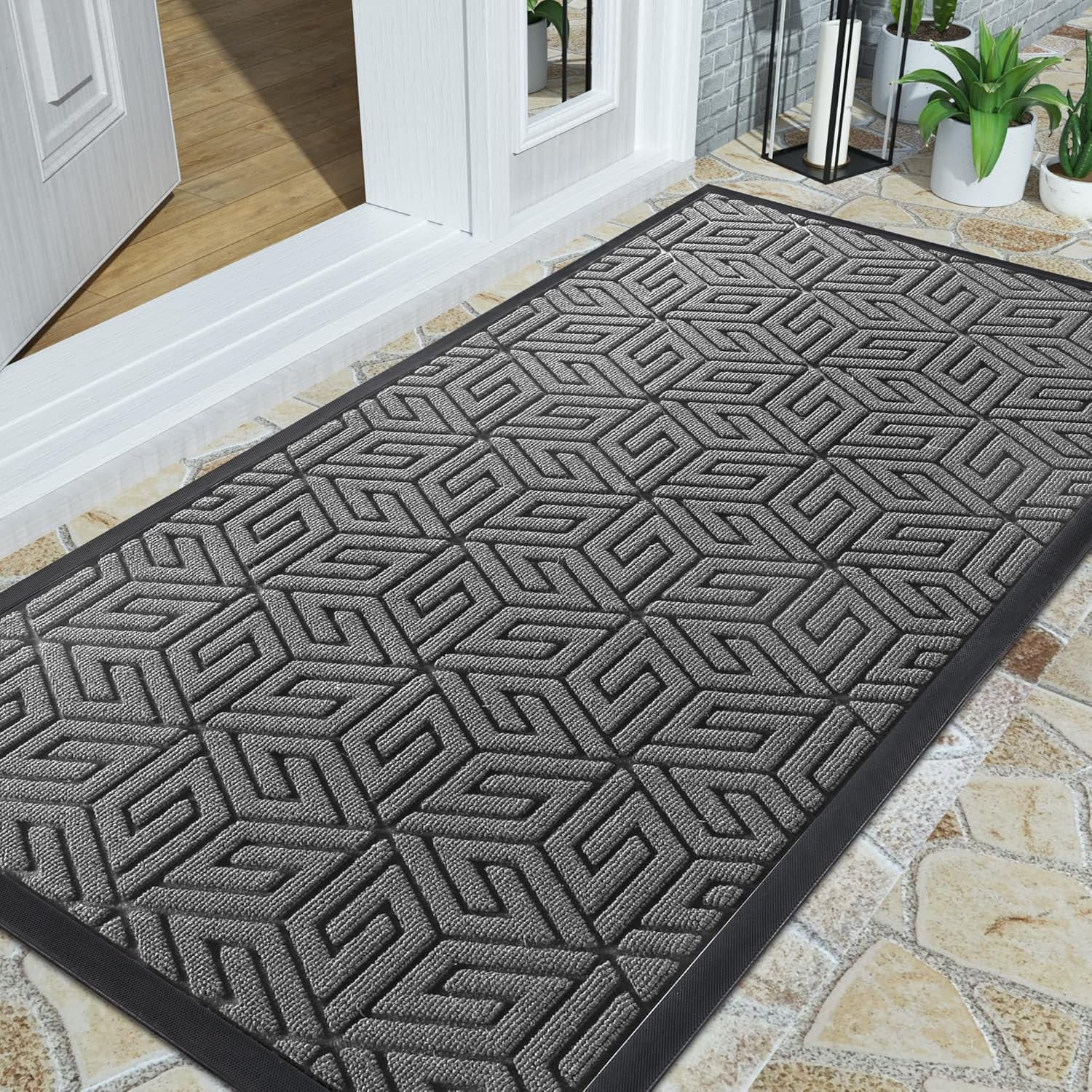Yimobra Sturdy Front Door Mat, Heavy Duty Doormat for Outdoor Indoor, Non Slip Rubber Floor Mat for Entry, Easy Clean, Waterproof, Low Profile, Patio, Busy Areas, 17X29.5 Inch, Pale Khaki image number 2
