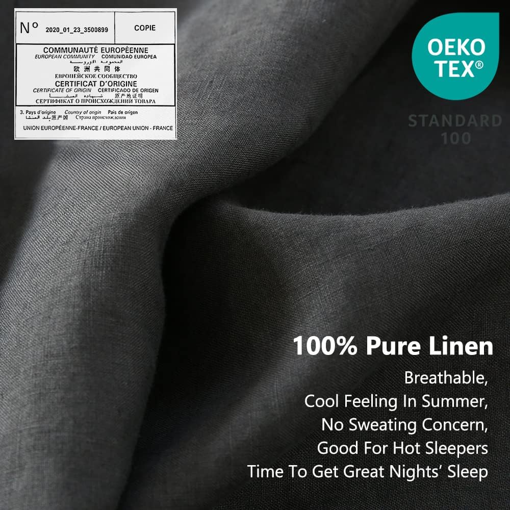 Simple&Opulence 100% Linen Sheet Set with Embroidery Washed - 4 Pieces (1 Flat Sheet & 1 Fitted Sheet & 2 Pillowcases) Natural Flax Soft Bedding Breathable Farmhouse - Dark Grey, Full Size image number 5