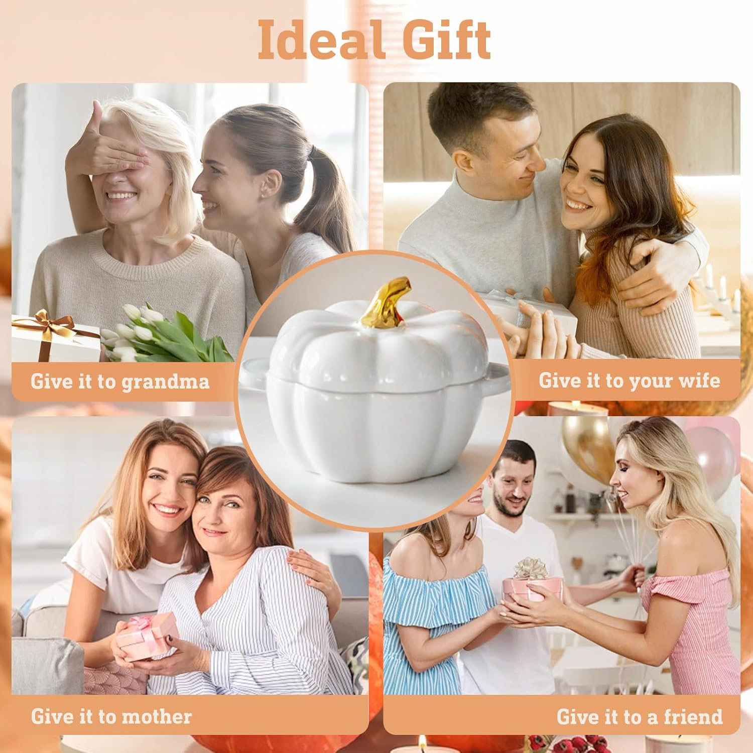 Cute Bowl with Lid, 15 Ounce Ceramic Pumpkin Soup Bowl with Handle, Microwave & Dishwasher Safe Pumpkin Dish Soup Cereal Bowl, Decor Dinnerware for Home Thanksgiving Halloween Party (White)