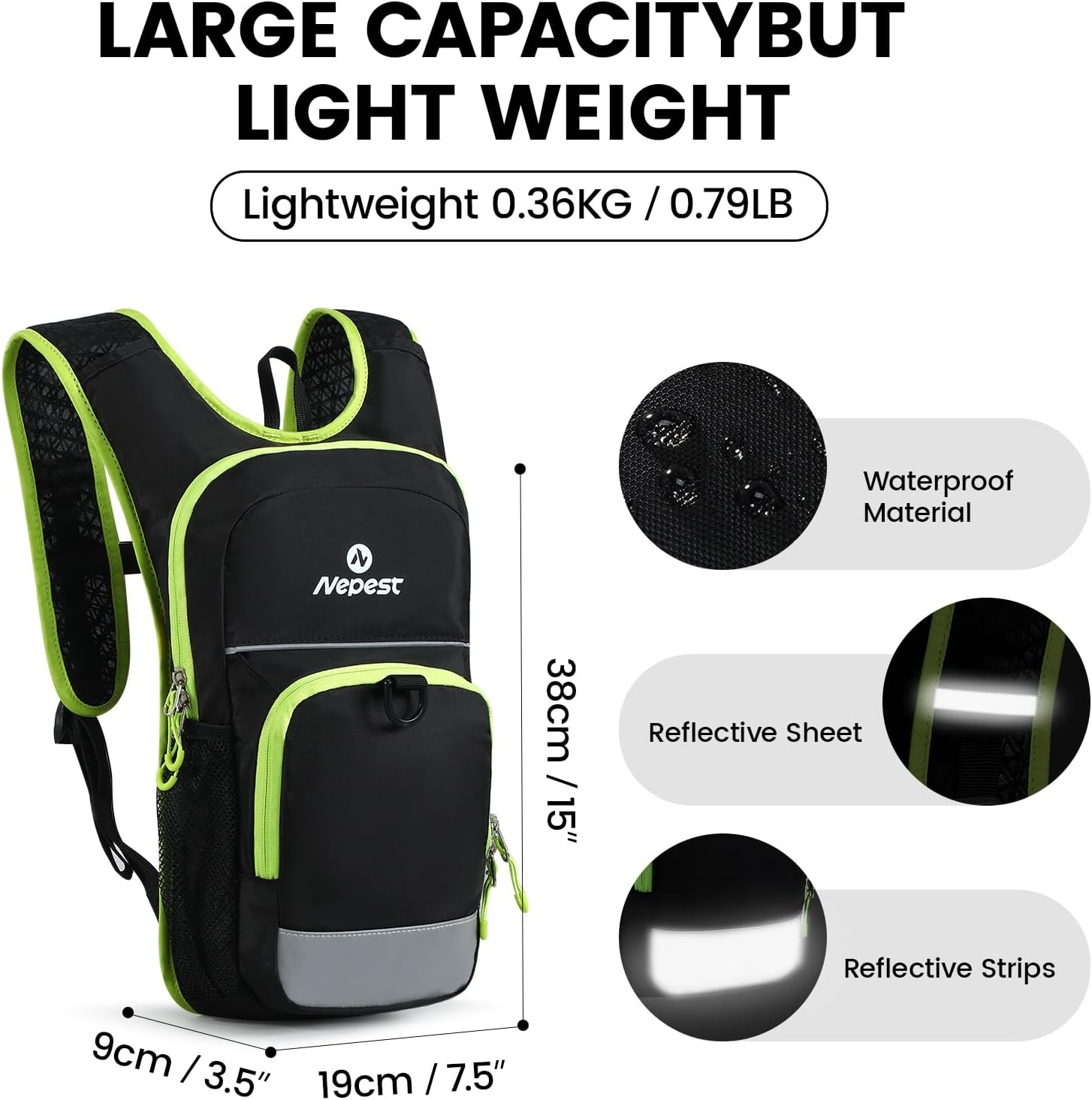 Nepest Kids Hydration Backpack, Mini Water Backpack with 1.5L Water Bladder for Hiking Cycling Running - Black image number 3