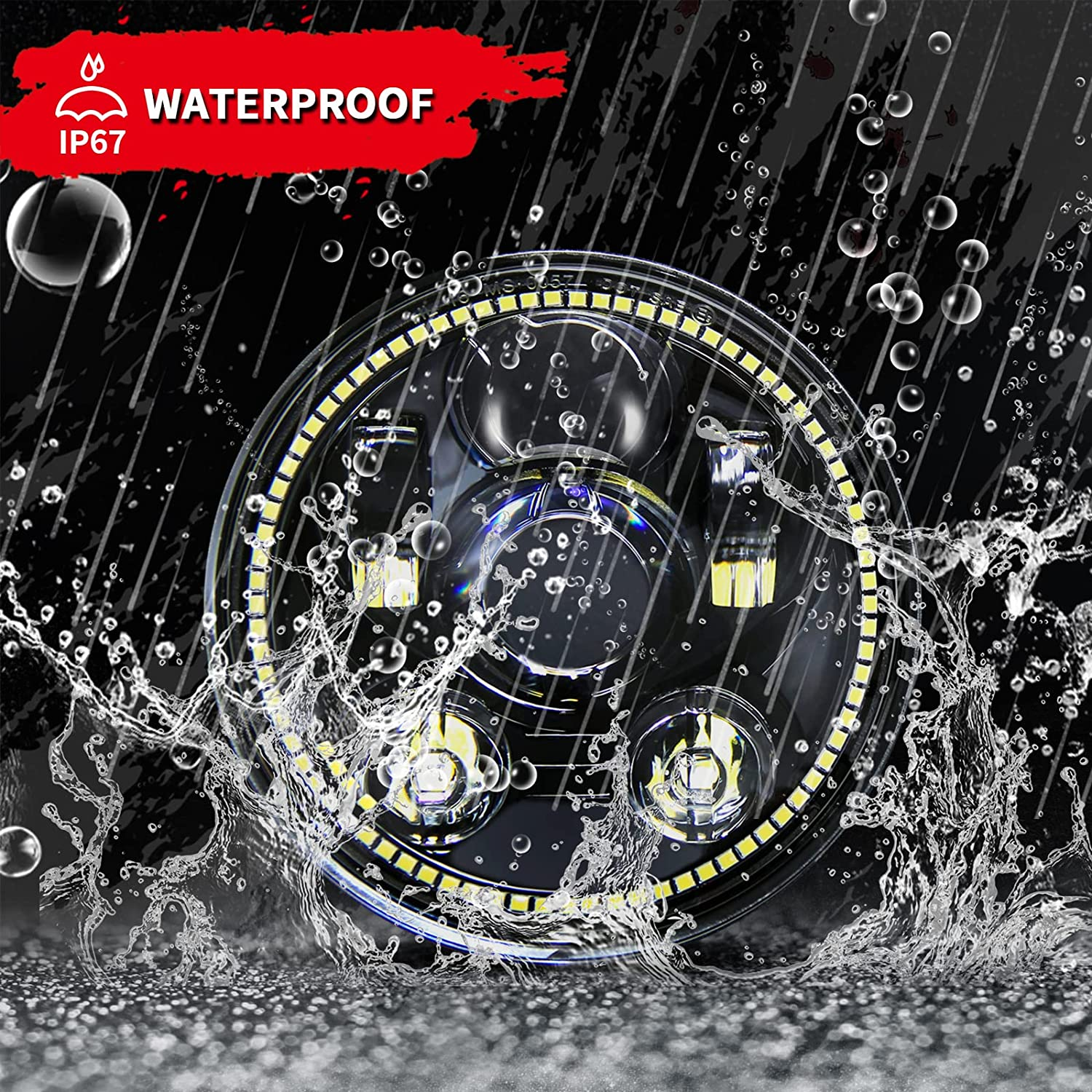 Wisamic 5-3/4" 5.75" LED Projection Headlight for Harley-Davidson 883, Sportster, Triple, Low Rider, Wide Glide Motorcycles (Black with Halo)