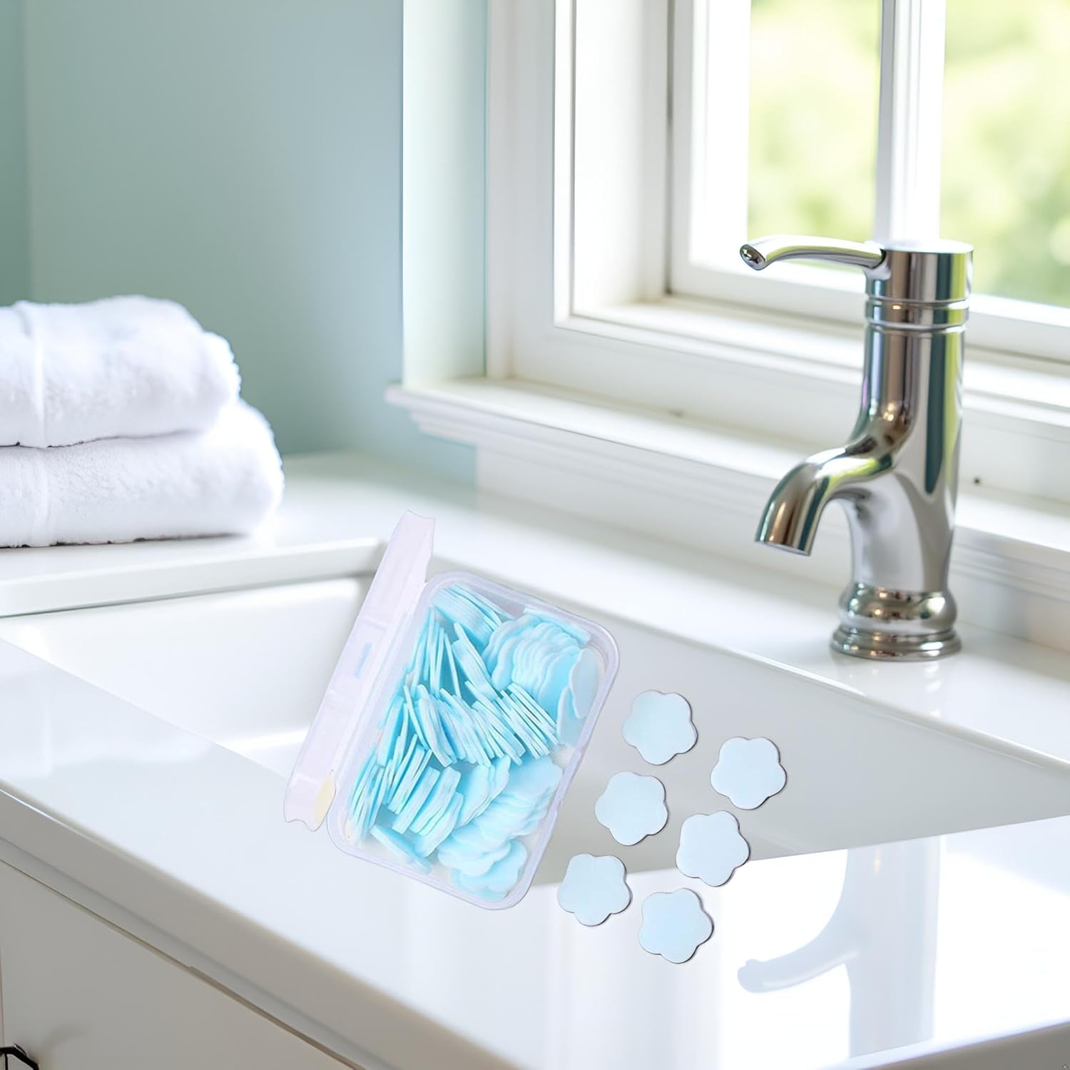 Rosojodg 100Pcs Blue Mini Portable Travel Sheets,Flower Shape Disposable Paper Soap Flakes, Cleaning Washing Hand Toiletry Paper Soap Sheets Hand Wash image number 2