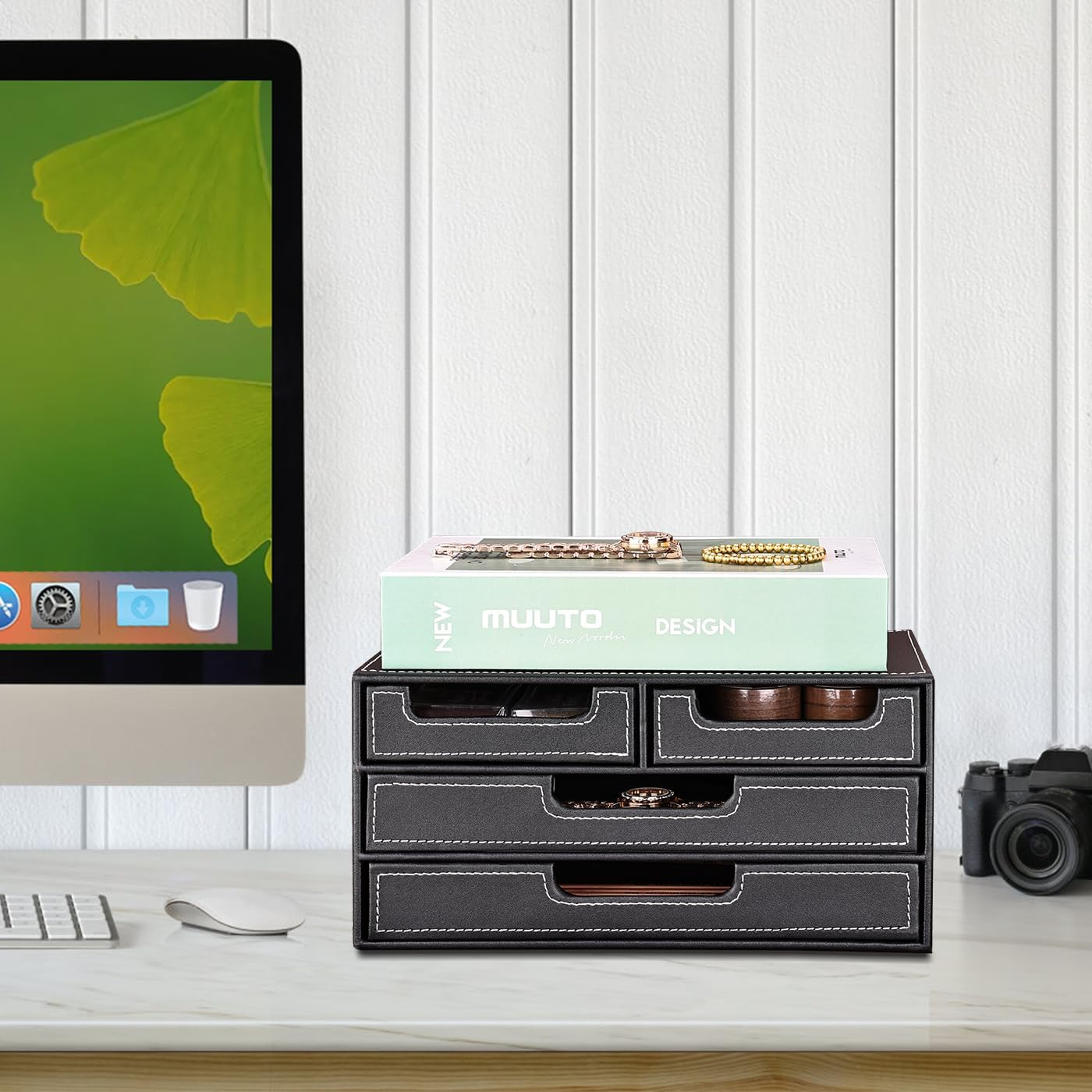 KINGFOM Pu Leather Desktop Organizer for Office Supplies, Desk Accessories, 4 Small Drawer Stationery Storage Box Bills Collection Holder (Small Desk Drawer) image number 4