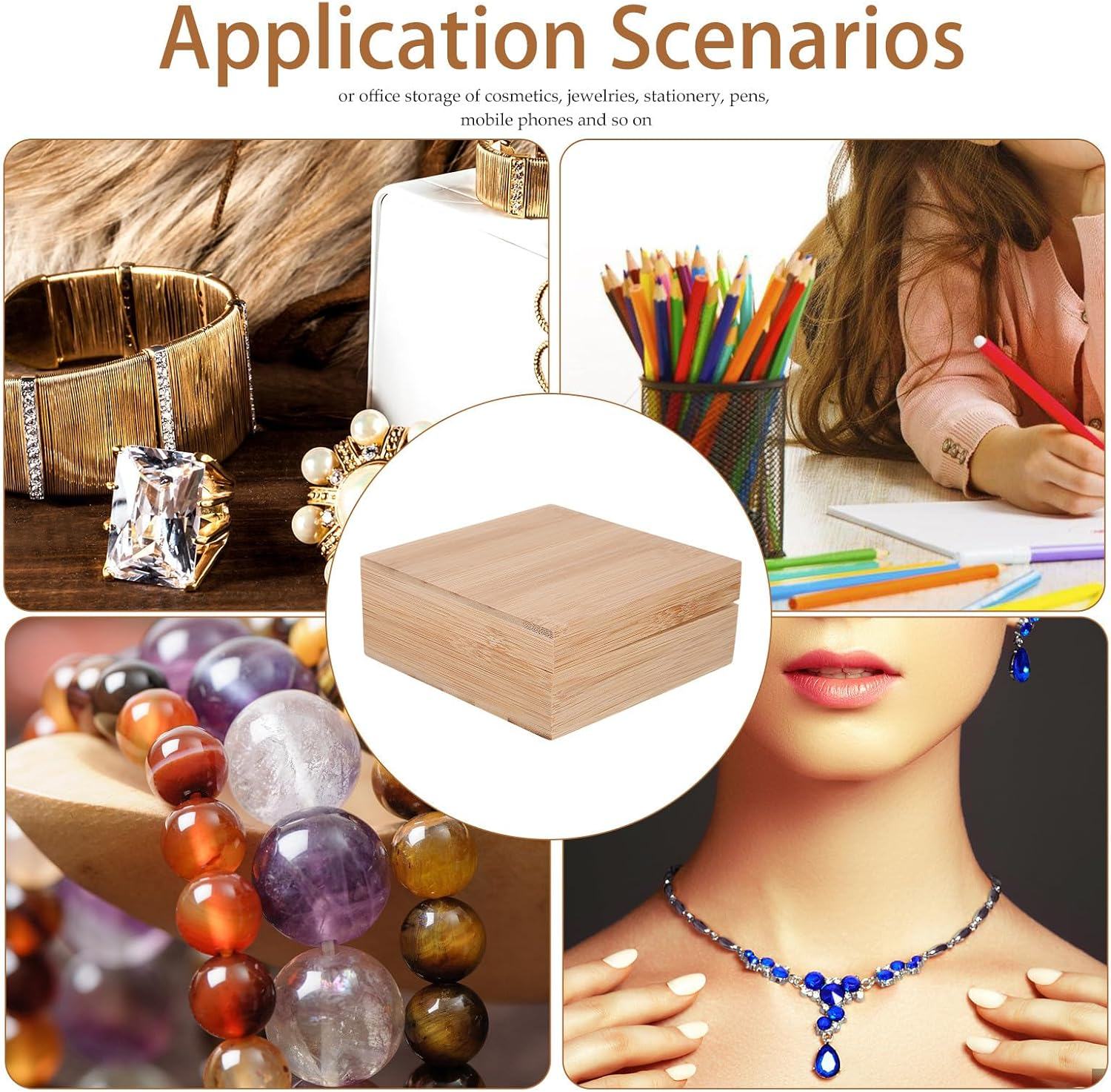 Alipis Square Bamboo Wooden Desktop Storage Box with Lid, Sundries Organizer Case for Home Office, Natural Wood Storage Container for Small Items