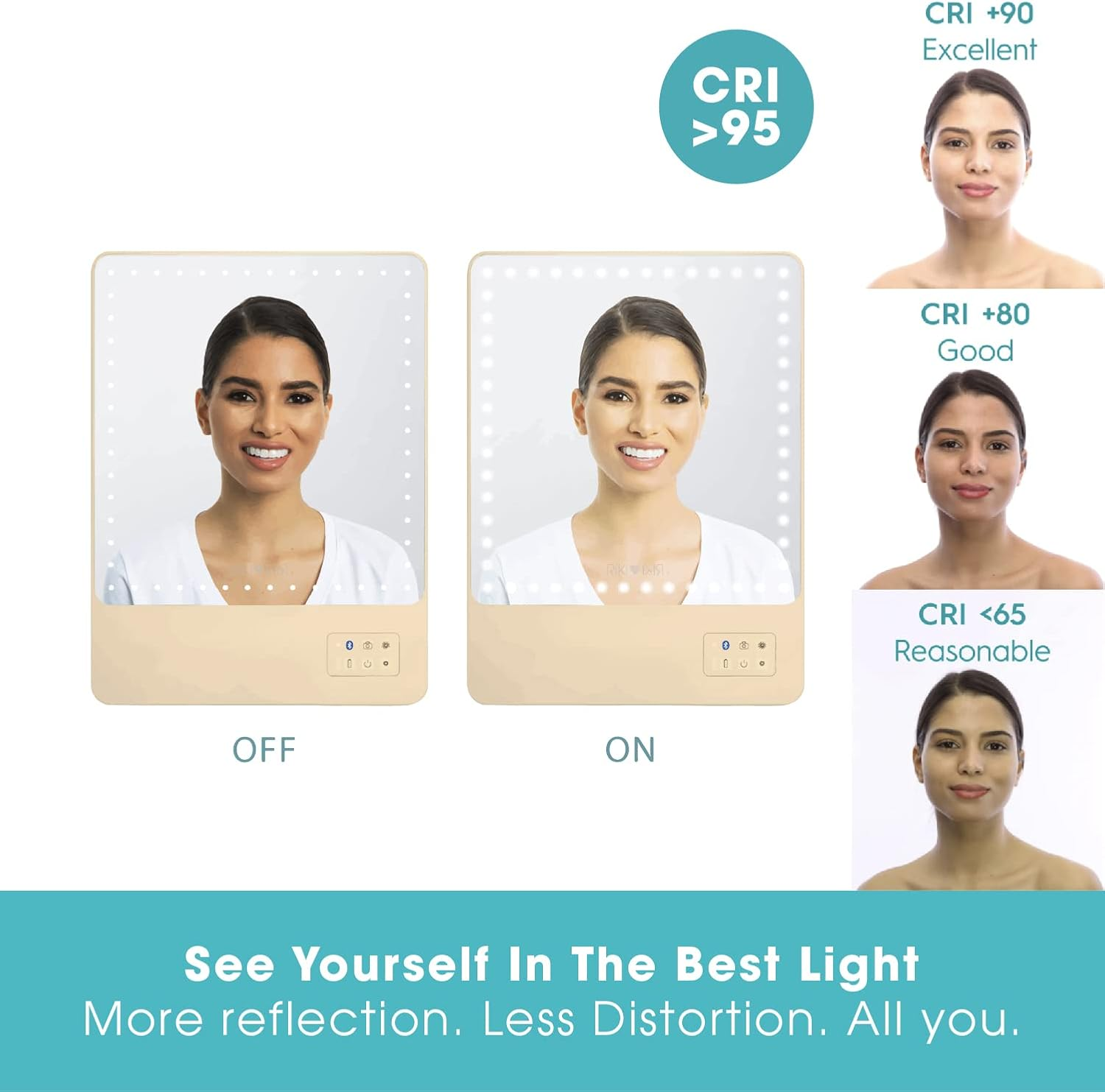 Riki Skinny Smart Vanity Mirror with HD Leds, Magnifying Mirror Attachment, Phone Holder and Bluetooth Control (5X Magnification, Champagne Gold) - Champagne Gold image number 4