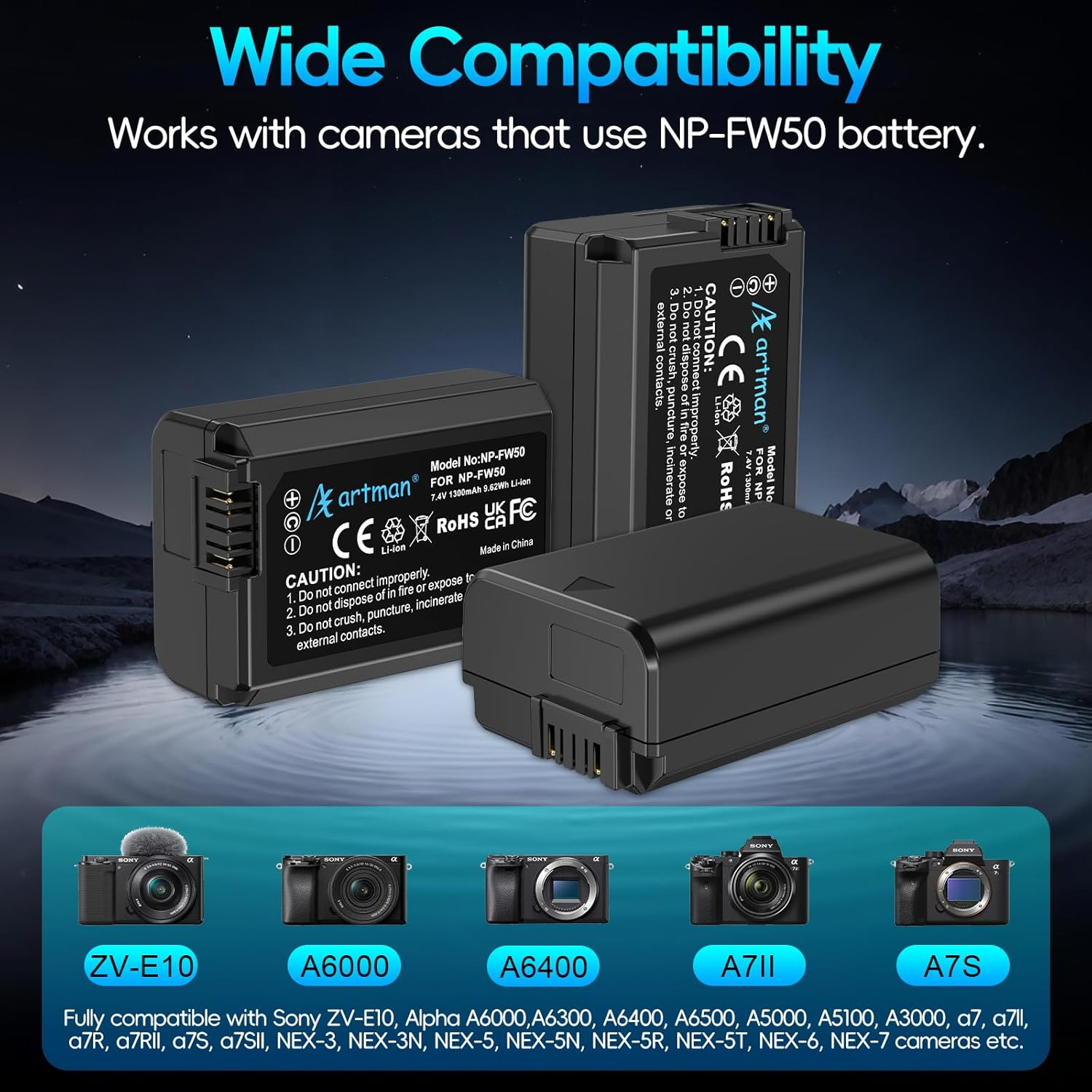 Artman NP-FW50 Battery 3-Pack and Upgraded 3-Slot ZV-E10 Battery LCD Charger for Sony ZV E10, Alpha A6500 A6400 A6300 A6000 A5100 A5000, A7S II, A7S, A7R II, A7R, A7 II, A7, RX10 II III IV Cameras image number 4