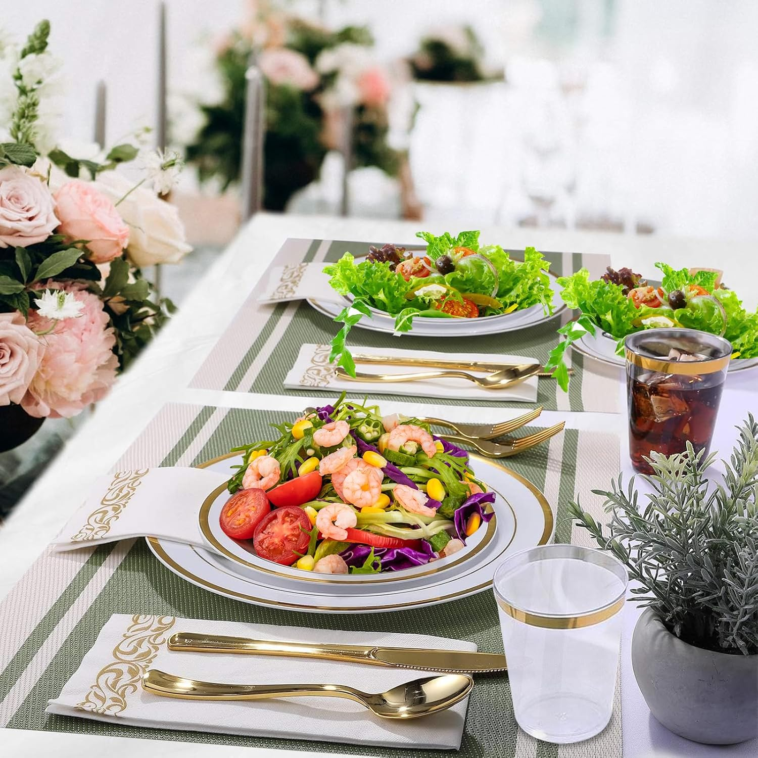 Sebusong 225 Pcs Dinnerware Set Gold, Reusable Plastic Dinner Plates Set Include 25 Dinner Plates, 25 Salad Plates, 75 Silverware(25 Forks, Knives, Spoons), 25 Napkins, 25 Cups, 50 Paper Straws image number 3