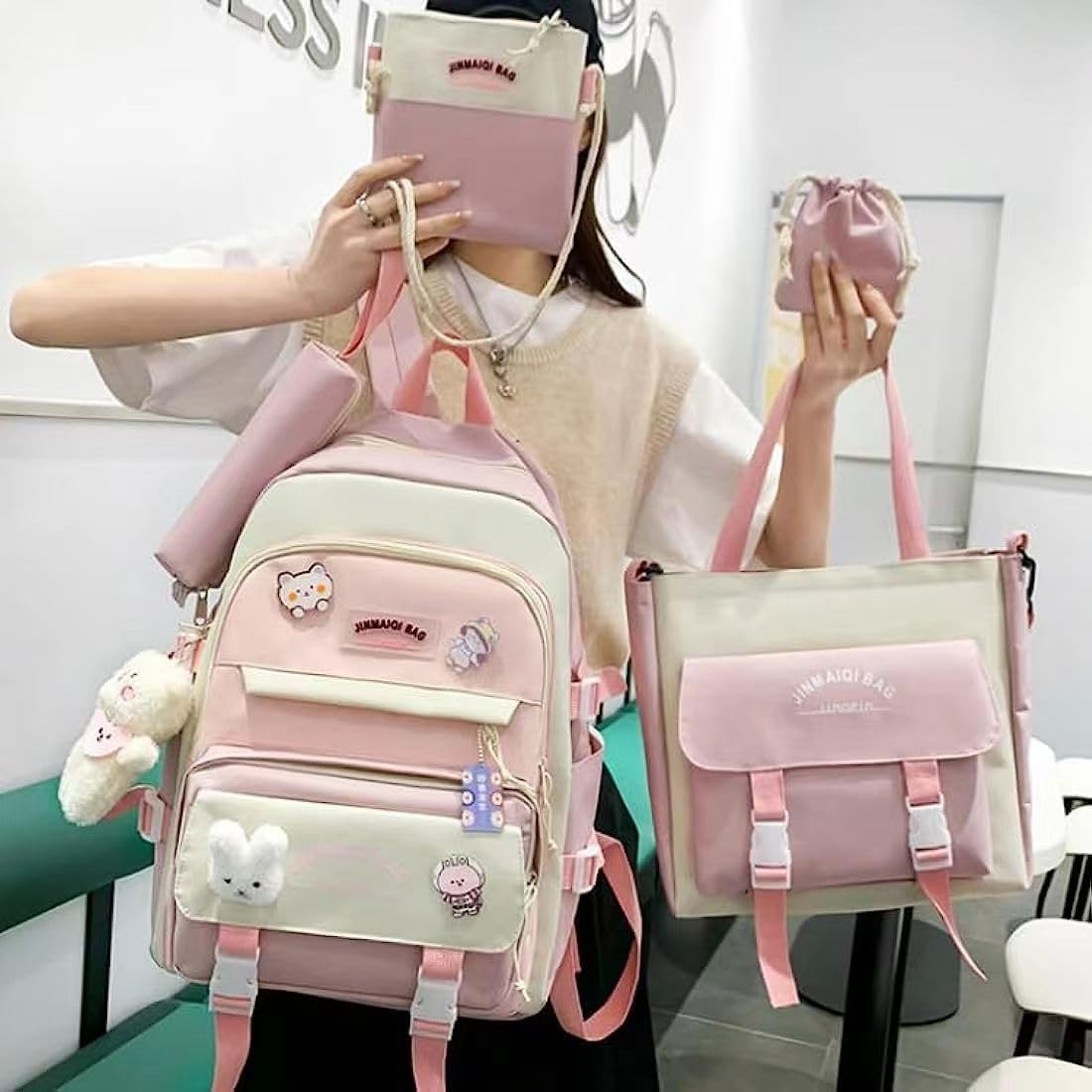 5 Pcs Cute Aesthetic Backpack Set with Pins and Pendant Kawaii Japanese Backpack College Laptop Bookbag Preppy Backpack image number 4