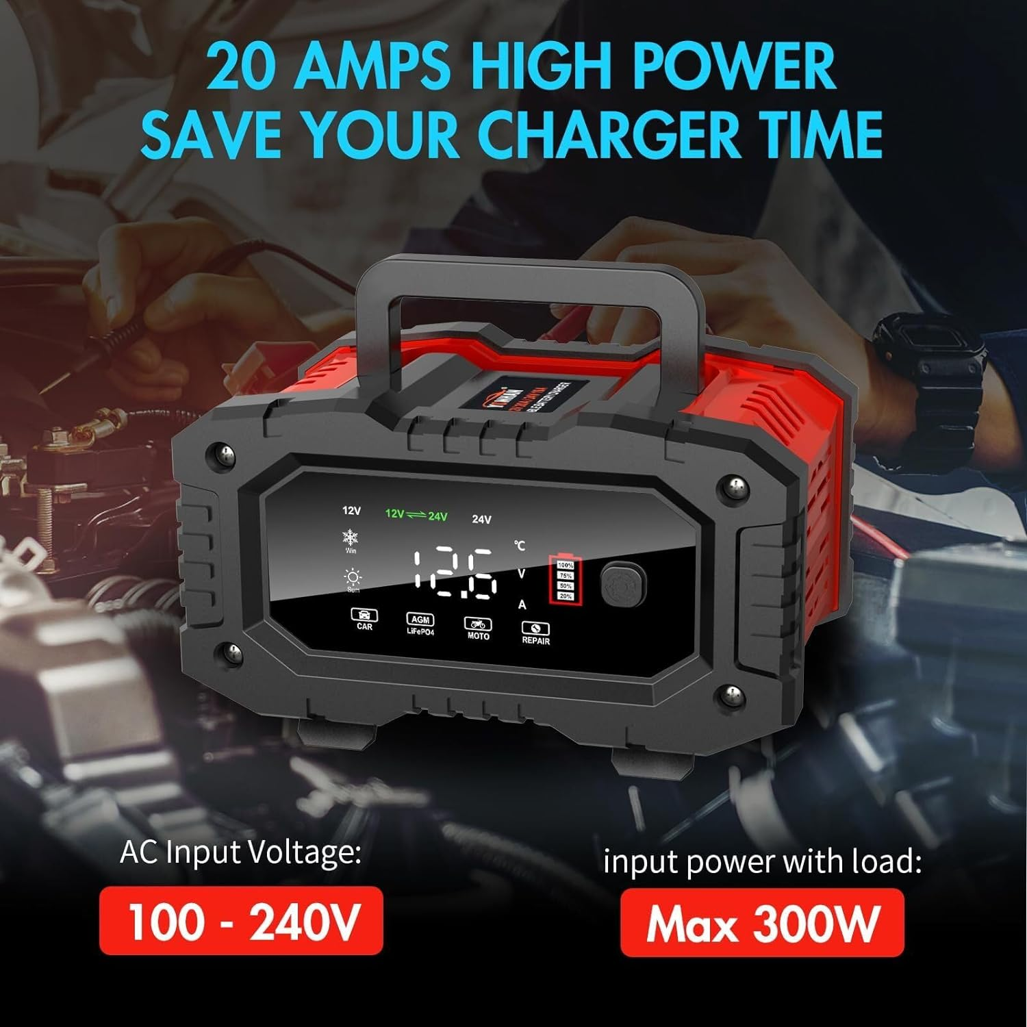 Portable Smart Car Battery Charger for 12V 20A / 24V 10A Motorcycle Truck Lawn Mower Lead Acid AGM Gel Lifepo4 Batteries Tender Automotive Fast Pulse Repair Trickle Chargers Maintainer image number 6