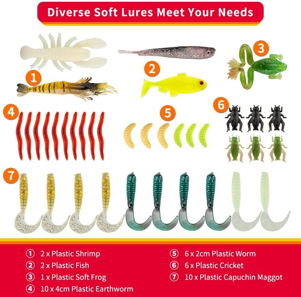 Fishing Lures Kit for Freshwater Bait Tackle Kit for Bass Trout Salmon Fishing Accessories Tackle Box Including Spoon Lures Soft Plastic Worms Crankbait Jigs Fishing Hooks image number 2