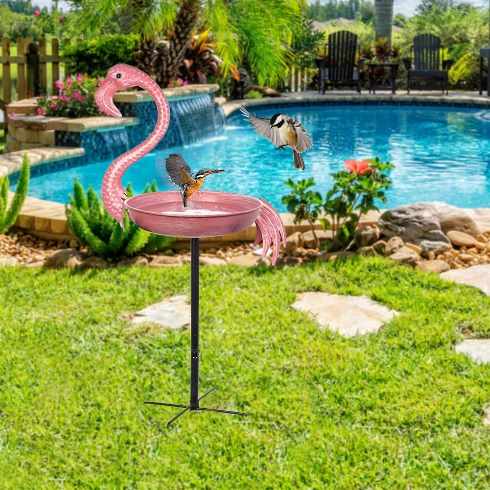 Pink Flamingo Bird Baths for Outdor, 12 Dia Metal Bird Bath Bowl with 5 Prongs Ground Stake, Rustproof Birdbaths for Garden, Yards Lawn Patio, Bird Lovers Gift image number 2