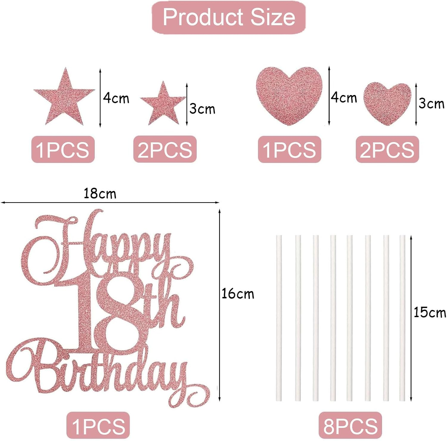 18Th Birthday Cake Decorations Set Include Happy 18Th Birthday Cake Toppers with Heart Star Cupcake Picks Rose Gold Glitter Birthdays Sign - 16Th image number 6