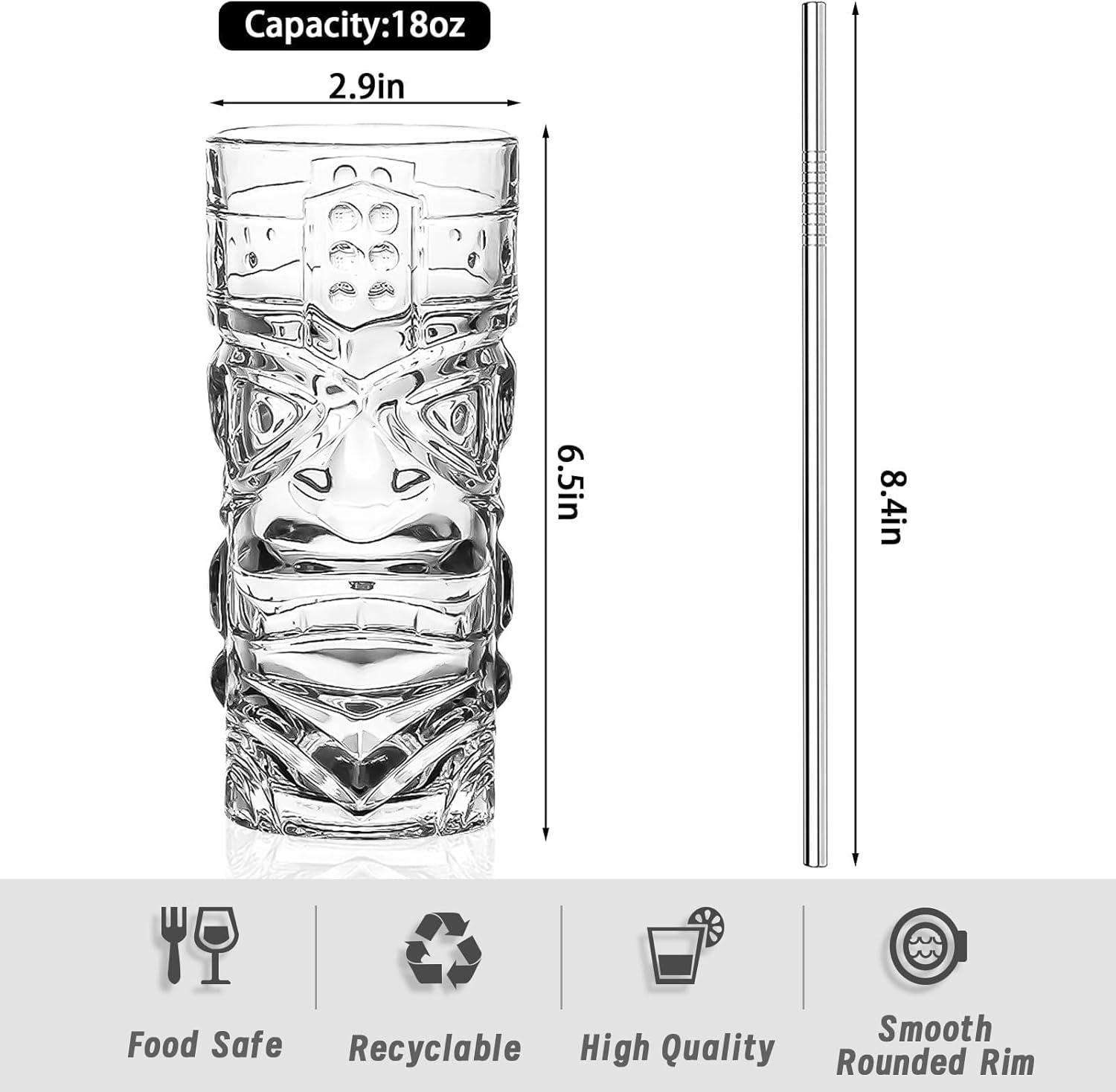 INFTYLE Plastic Tiki Cups 18 Oz, Clear Tiki Glasses Modern Bar Tiki Mug 8 Pack,Hawaiian Party Drinking Tumblers for Cocktails, Lemonade, Mixed Drinks, Picnic, Restaurant Supplies image number 1