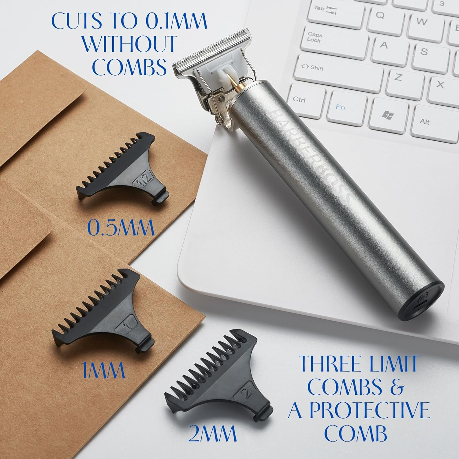 Barberboss T-Blade Beard and Hair Trimmer for Men, Cordless Precision Trimmer, Rechargeable Trimmer with 3 Attachment Combs, Precision Care for Beard, Sideburns and Neck, Silver Grey