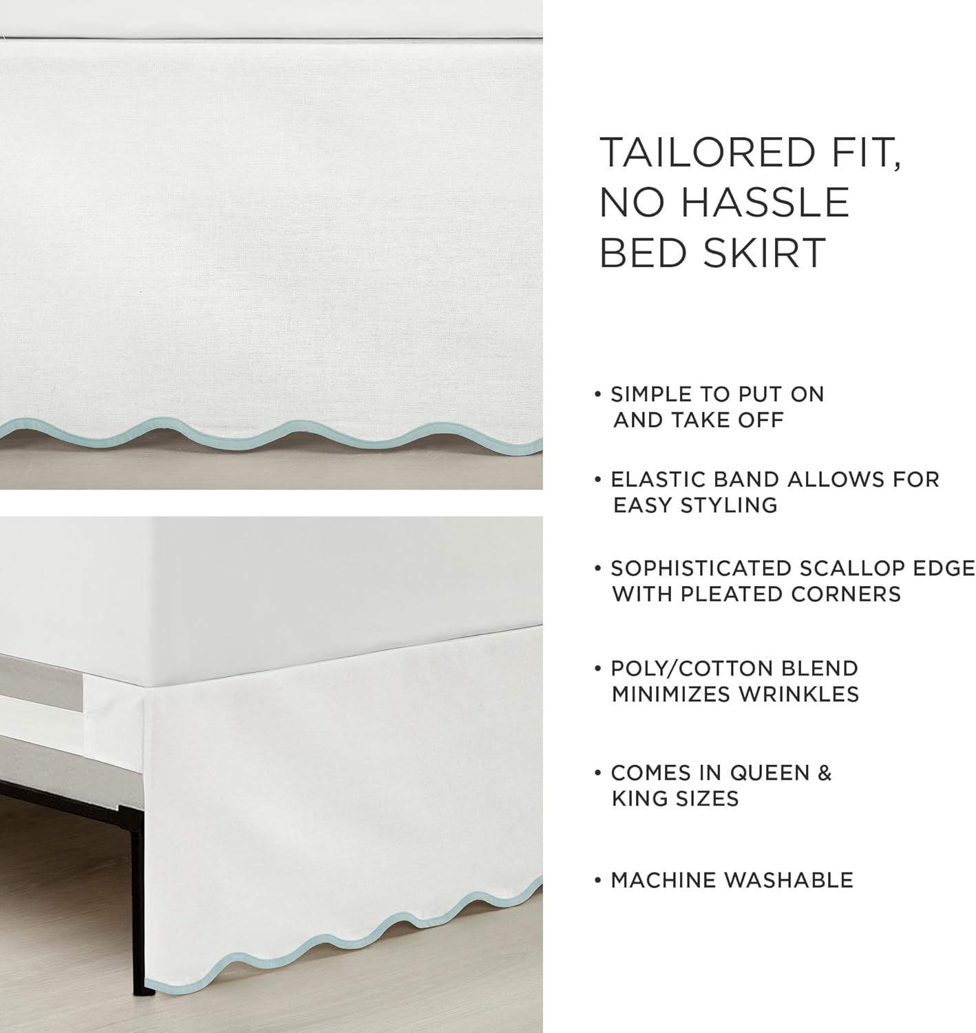 Lush Decor Coastal Chic Scallop Edge Linen Textured Bed Skirt Blue/White Single King - Soft Elegant Luxury Easy Fit Elastic Band Tailored Bedskirt image number 6