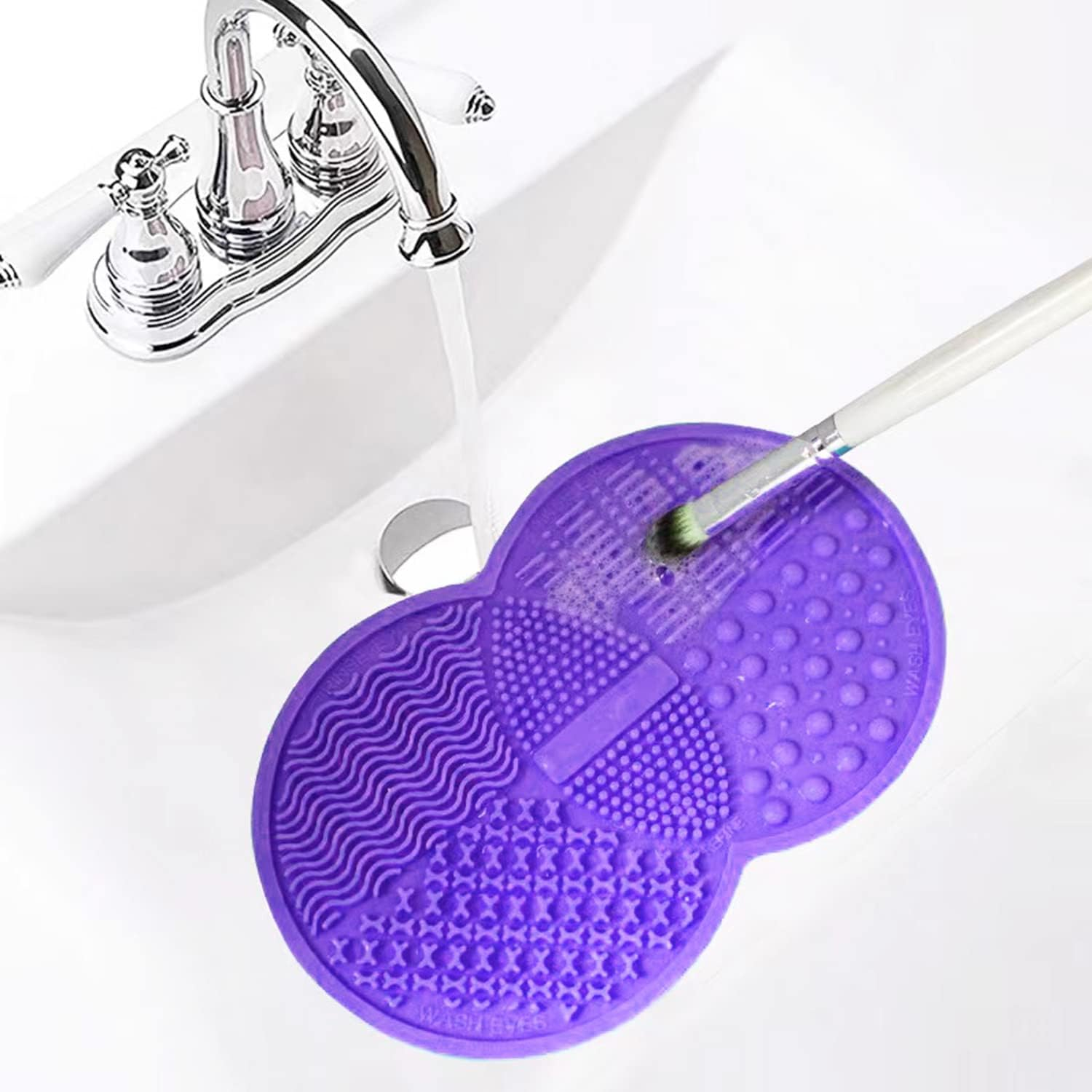Silicone Makeup Brush & Sponge Cleaner - Cosmetic Brush Cleaning Mat, Powder Puff (Purple & Gray) image number 2