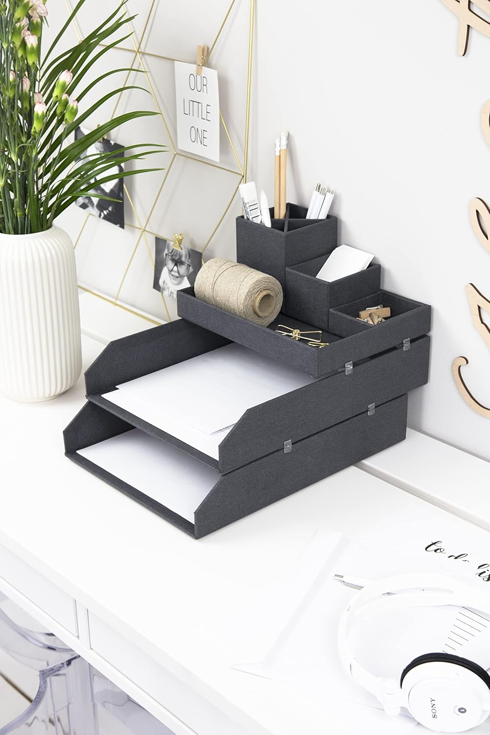 Bigso Box of Sweden Set of 2 Letter Tray Boxes for the Office - Stackable Desk Storage Box for Papers, Documents Etc - Two-Tier Fibreboard Filing and Storage Box System - Black