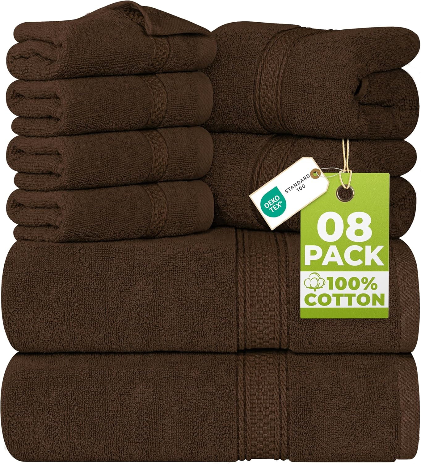Utopia Towels 8-Piece Premium Towel Set, 2 Bath Towels, 2 Hand Towels, and 4 Wash Cloths, 600 GSM 100% Ring Spun Cotton Highly Absorbent Towels for Bathroom, Gym, Hotel, and Spa (Dark Brown) (UT1060)