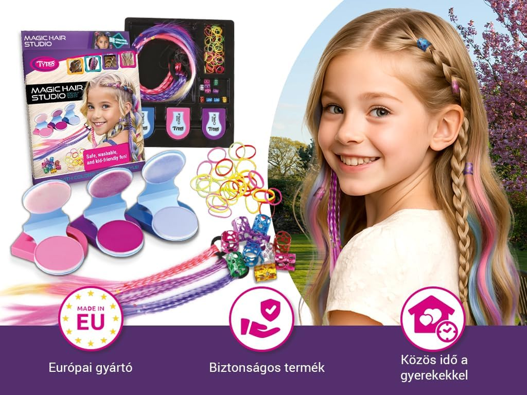 Tytoo Magic Hair Studio Hair Chalk Set for Girls with Colourful Hair Strands, Glitter Beads, Hair Bobbles Hair Clips, Complete Hair Styling Set for Children, Creative Gift for Birthday, Fancy Dress image number 1