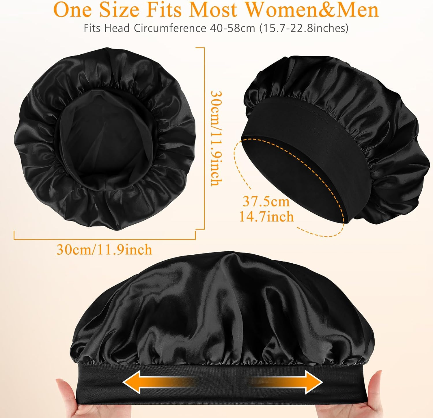 [2 Pcs]Satin Bonnet Silk Hair Bonnet with Wide Elastic Band, Hair Bonnet Silk Hair Wrap for Sleeping, Soft Head Cover Sleeping Hat Night Sleep Cap for Women Men Curly Hair - Black+Red image number 3