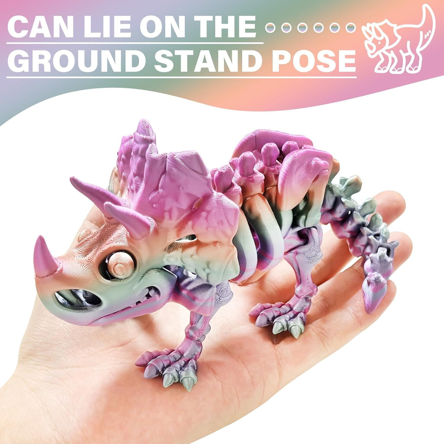 TEAONE 3D Printed Dinosaur, Triceratops Dinosaur Toy for Desktop Decorations, Fidget Toys (22.5Cm/8.85In, Rainbow Color)