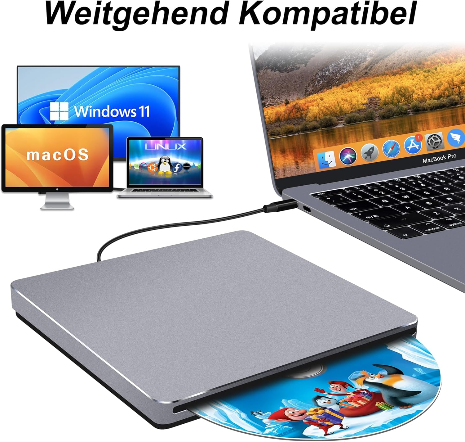 USB C Superdrive NOLYTH USB3.0 External DVD CD Drive External DVD CD Burner Drive Compatible with Macbook Air/Pro/Laptop/Pc/Windows 10 (Grey) image number 6