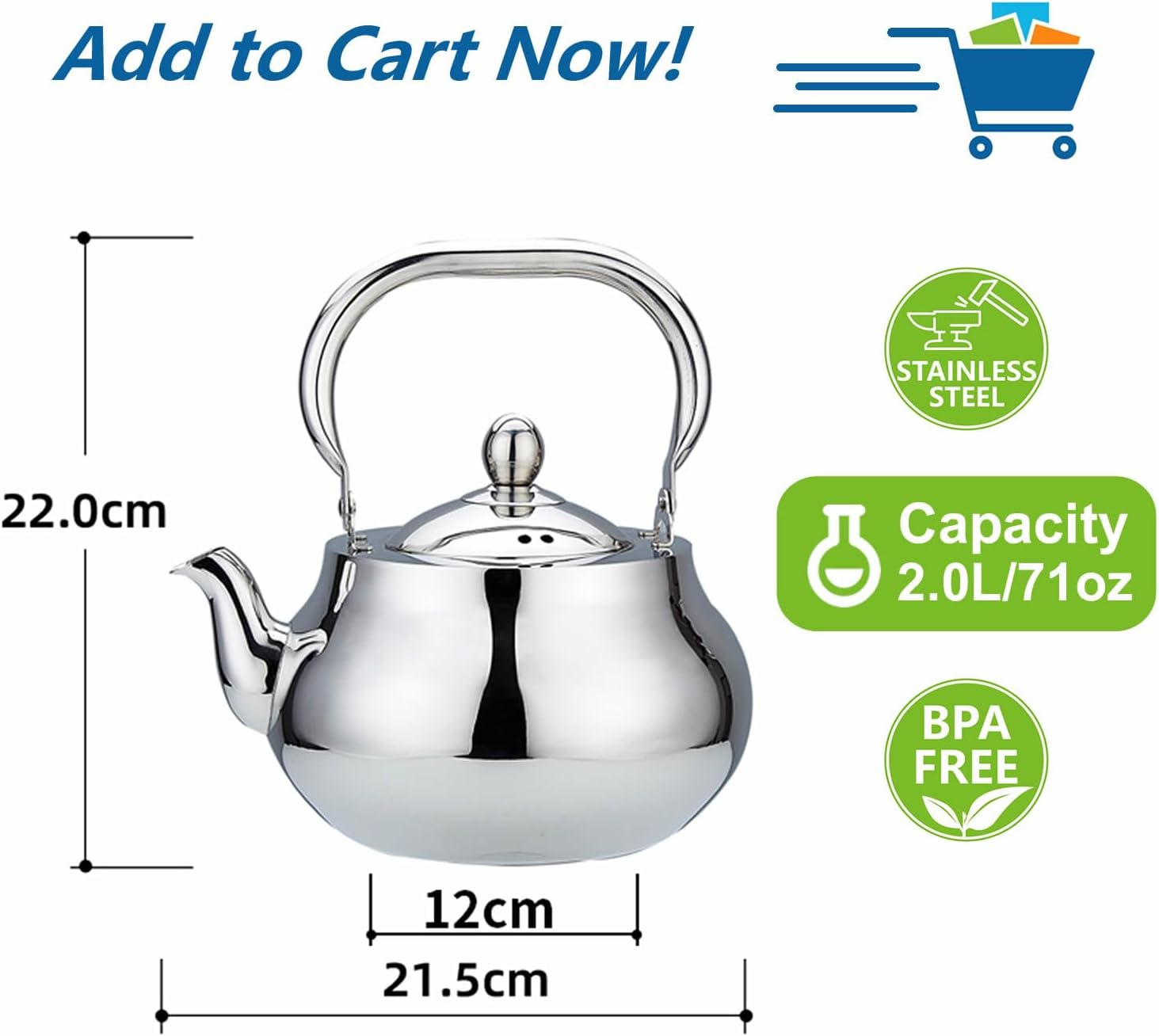 SANQIAHOME Stainless Steel Teapot with Removeable Infuser 2000Ml Thickened Mirror Polished Stovetop Tea Maker for Herbal and Infusion image number 2