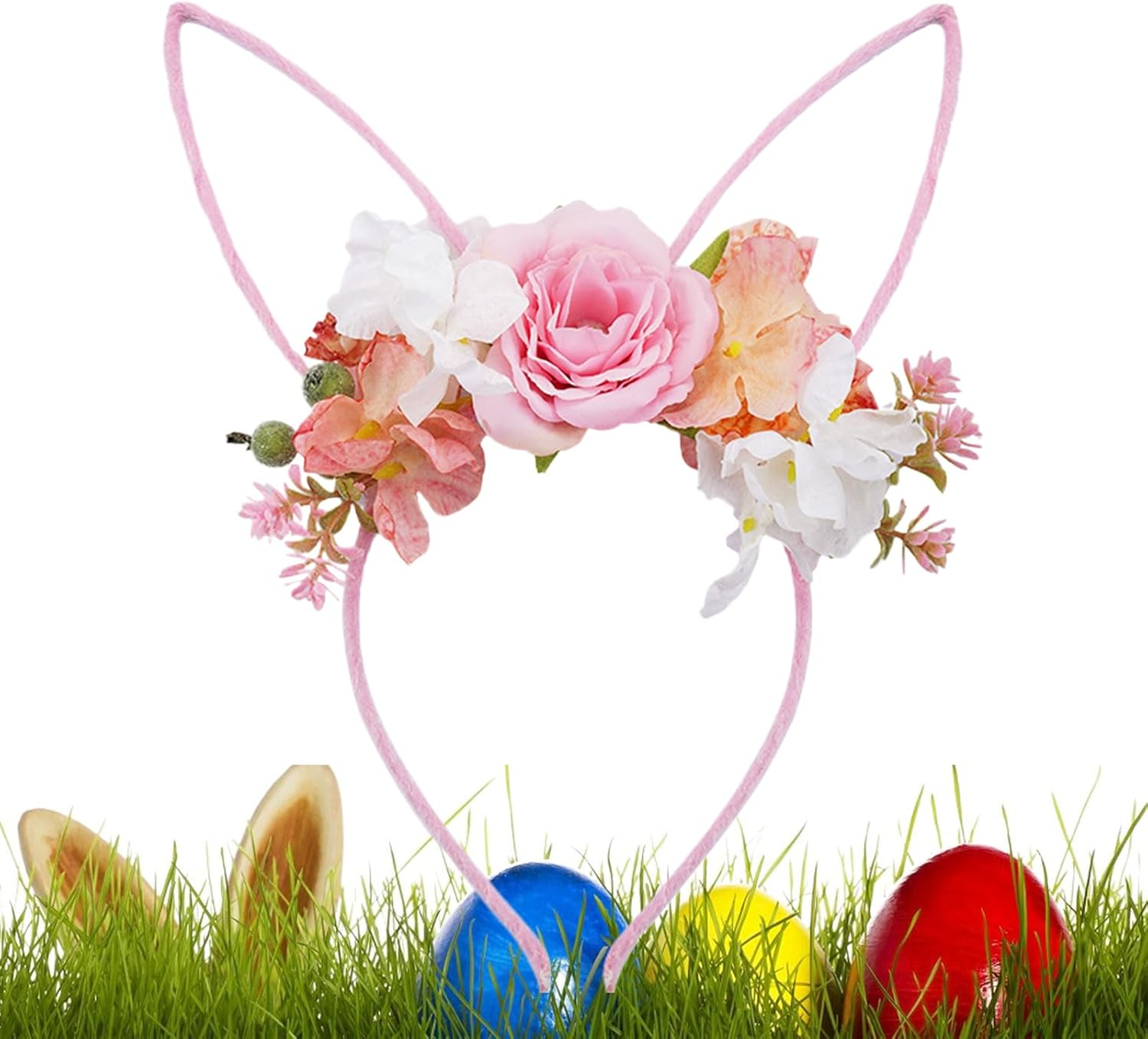 Bunny Ears Headbands | Headwear with Flowers - Easter Headband,For Christmas Halloween Party Valentine'S Day Women Costume Kids - White 1 image number 2