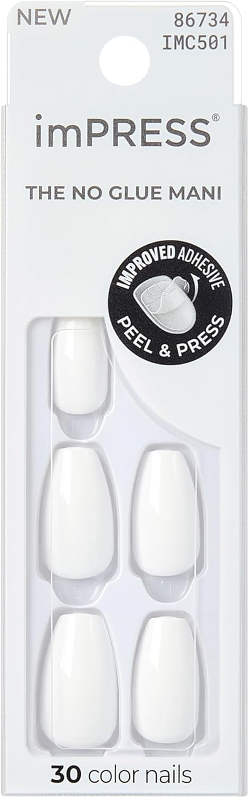 KISS Impress No Glue Mani Press on Nails, Color, 'Frosting', White, Medium Size, Coffin Shape, Includes 30 Nails, Prep Pad, Instructions Sheet, 1 Manicure Stick, 1 Mini File image number 3