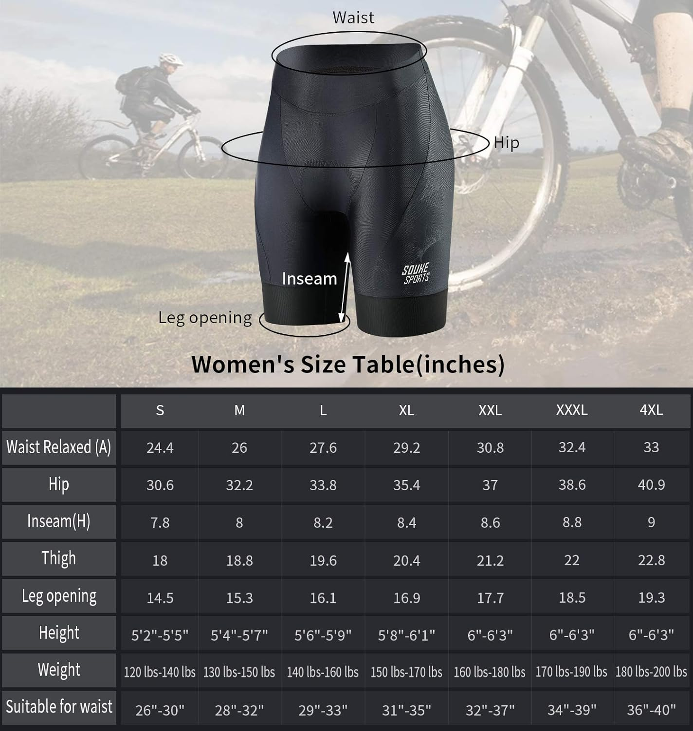 SOUKE Womens Cycling Shorts 4D Padded Biking Bicycle Bike Half Pants with Wide Waistband image number 3