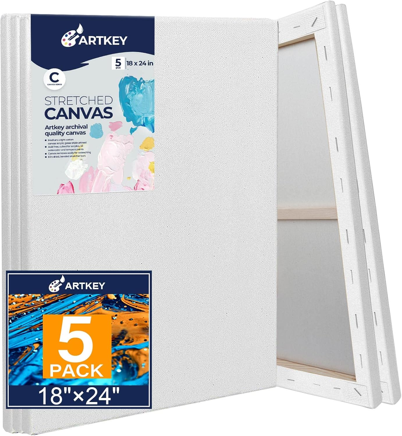 Stretched Canvases for Painting 18X24 Inch 5-Pack, 10 Oz Triple Primed Acid-Free 100% Cotton Blank Canvas, Rectangular Canvas for Oil Paint Acrylics Pouring & Wet Art Media, Pour Painting image number 6