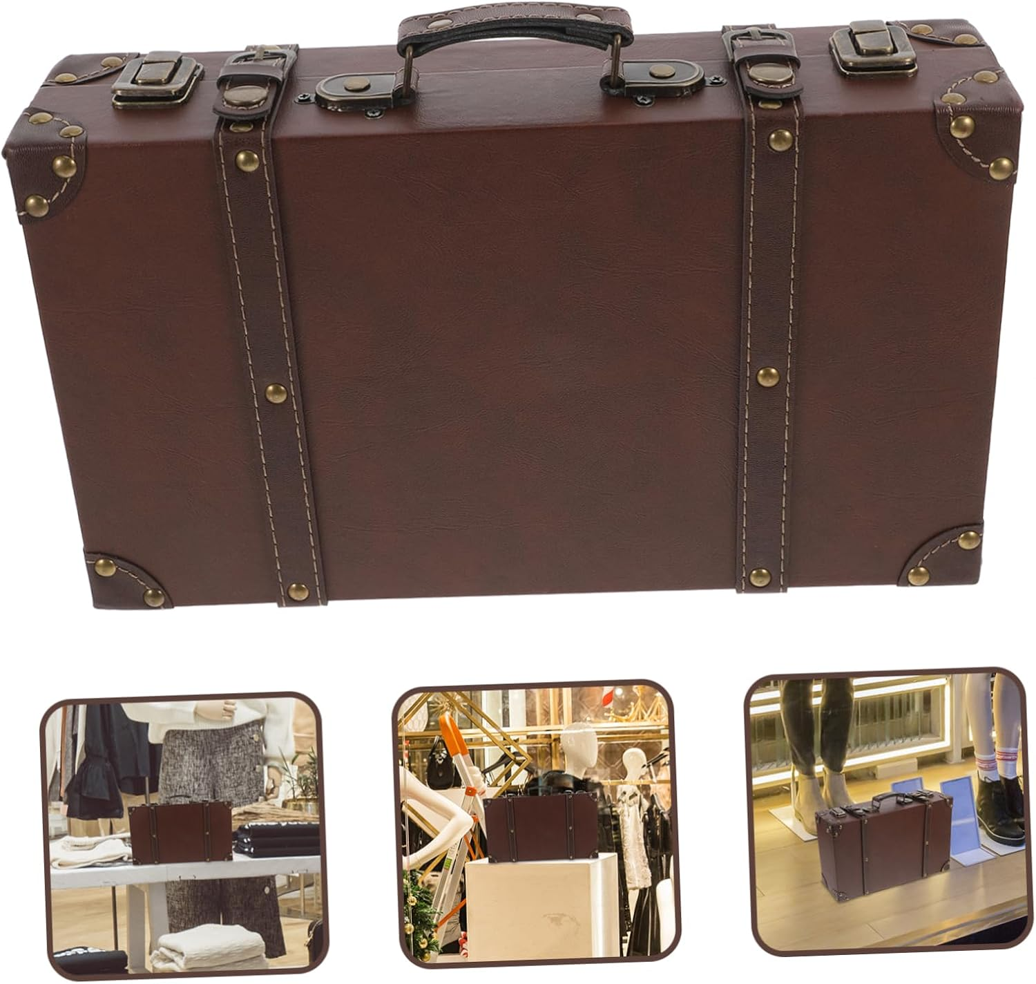 SOLUSTRE Vintage Leather Decorative Trunk Small Retro Suitcase Classic Storage Box for Photo Props and Home D&eacute;cor, Brown Vintage Luggage Decoration for Clothing Store Display