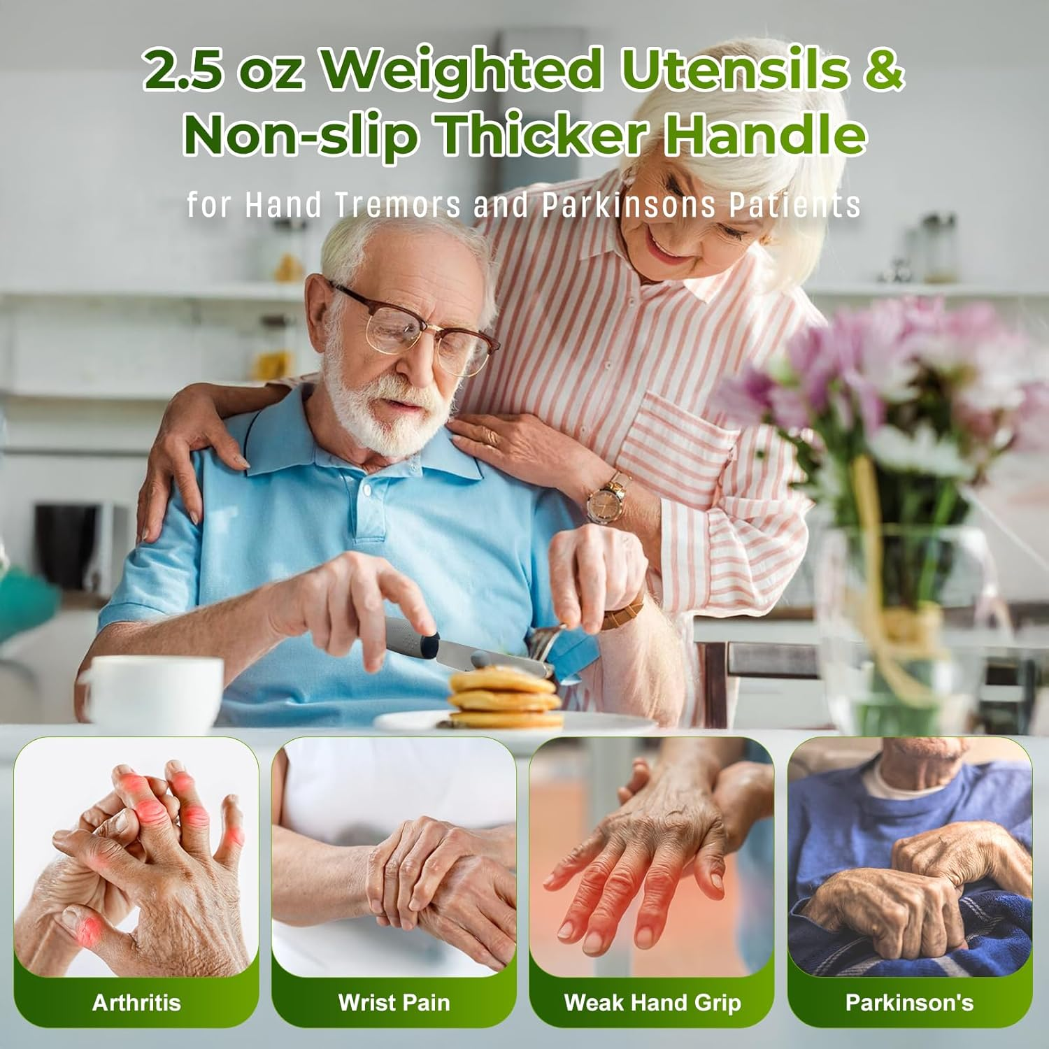 4-Piece Adaptive Utensils Set for Parkinson&rsquo;S & Hand Tremors &ndash; 42&deg; Angled, 2.5 Oz Weighted Silverware &ndash; Easy-Grip Utensils for Seniors & Arthritis (Fork, Knife, Spoon) image number 2