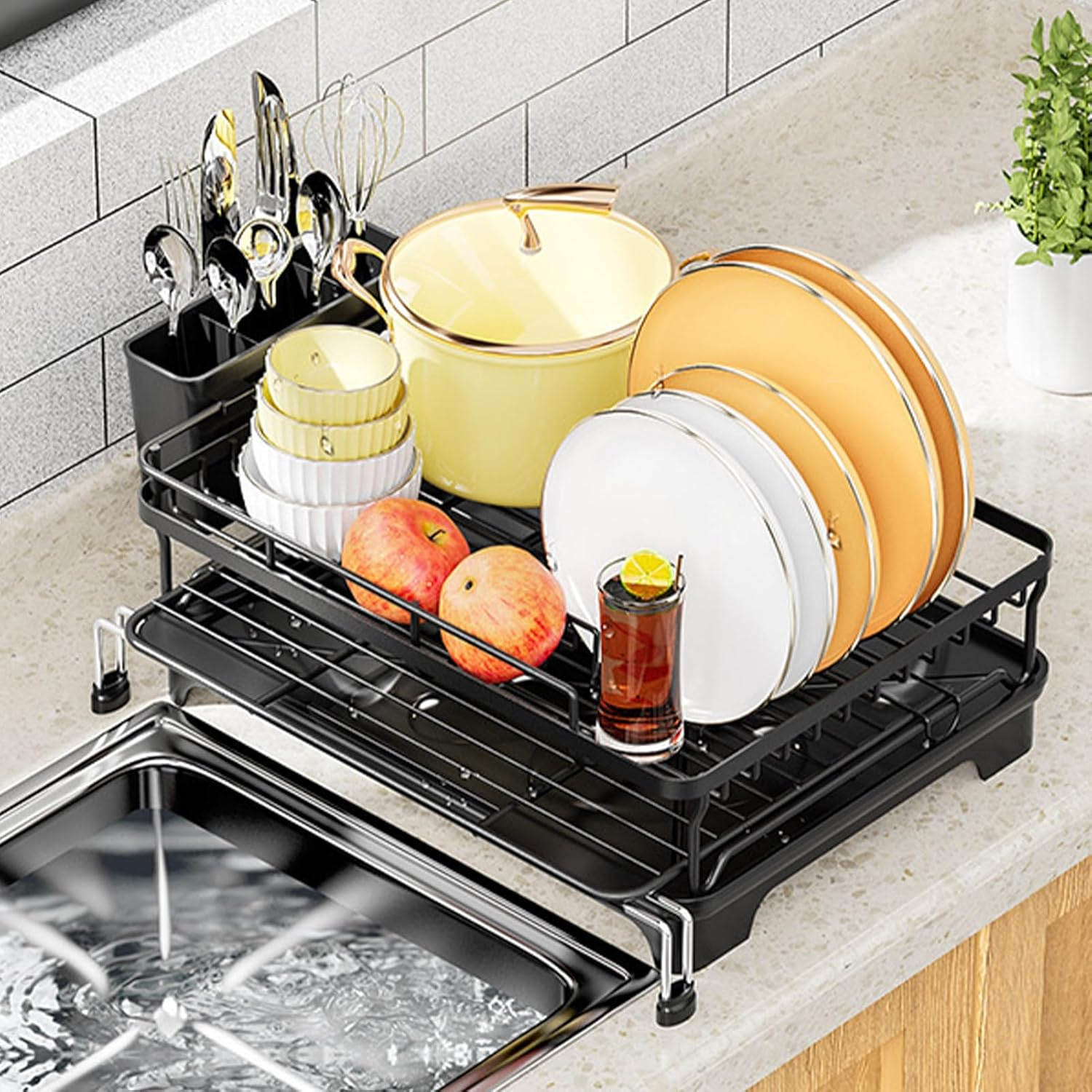 Dish Drying Rack, Extendable Carbon Steel Drying Rack with Cutlery Holder for Kitchen Sink Counter Storage, 49 X 54 X 12.5Cm image number 1