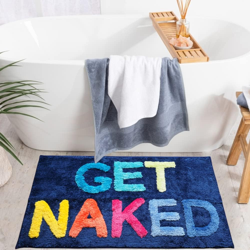 Evovee Get Naked Bath Mat Funny Cute Bathroom Rugs Blue Rainbow Multicolor Colorful Get Naked Rug Shower Funny Bathroom Decor Fun Cute Bath Mat Non-Slip Washable