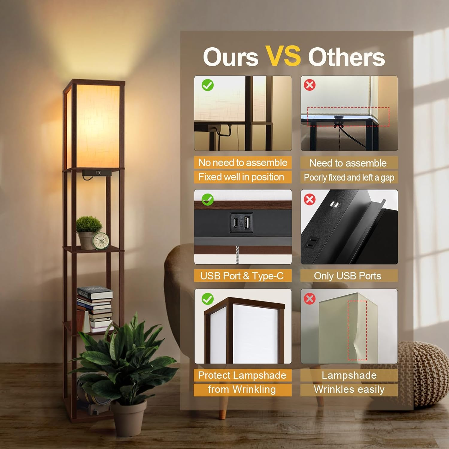 OUTON Floor Lamp with Shelves, LED Column Modern Floor Lamp with USB & Type C Port, 3 Color Temperatures, Wooden Standing Lamp with White Linen Shade for Living Room Bedroom Office (Walnut Brown)