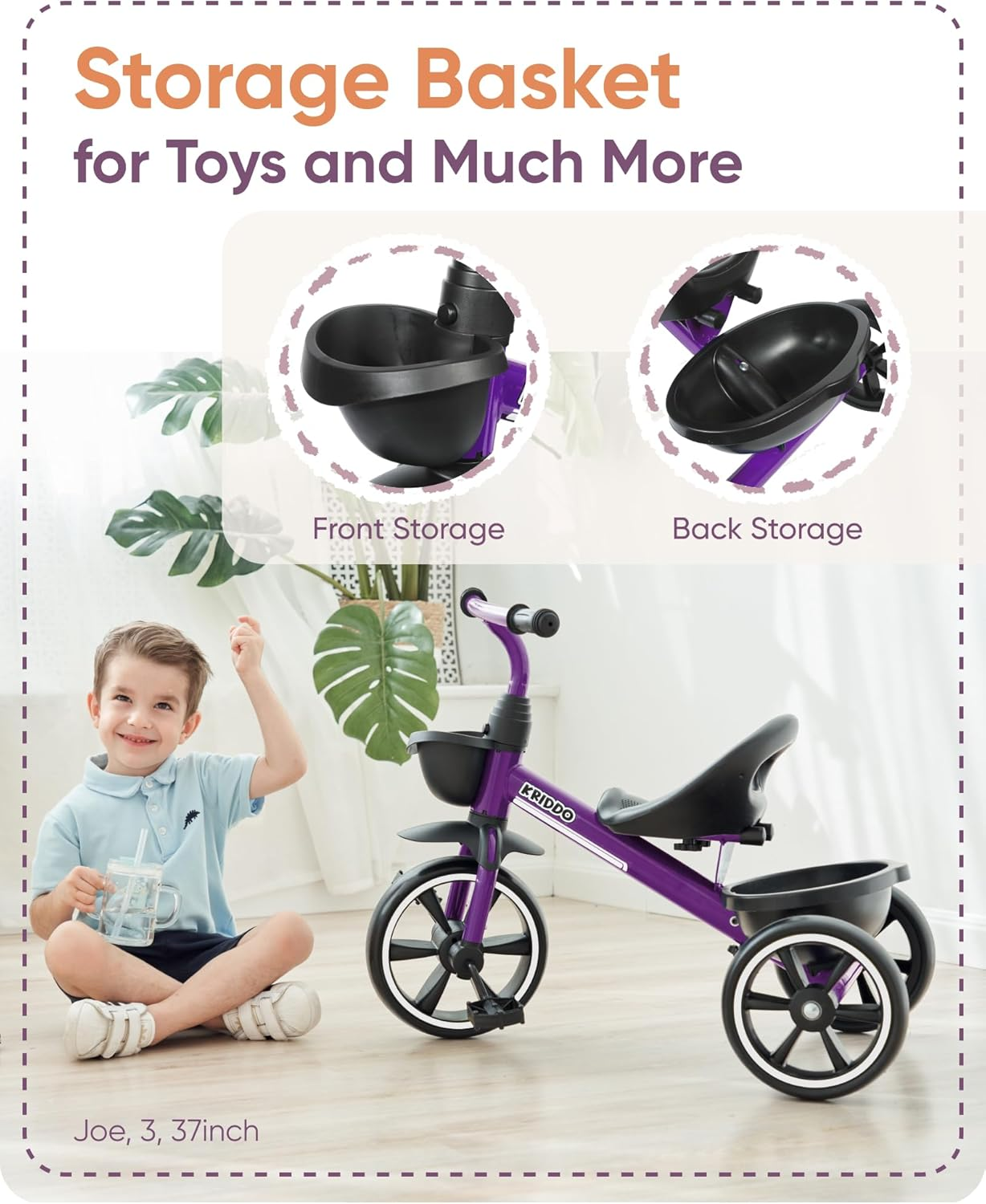 KRIDDO Kids Tricycles Age 24 Month to 4 Years, Toddler Kids Trike for 2.5 to 5 Year Old, Gift Toddler Tricycles for 2-4 Year Olds, Trikes for Toddlers, Purple image number 3