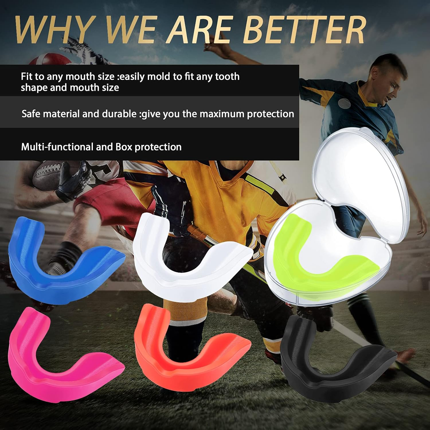 BBTO 6 Pcs Youth Kids Mouth Guard for Sports, Mouthguard Bulk with Case, Boy Girl Athletic Mouth Guard for Football Boxing Hockey Karate Basketball(Classic Style,Red, Blue, White, Black, Yellow, Pink) - Black image number 3