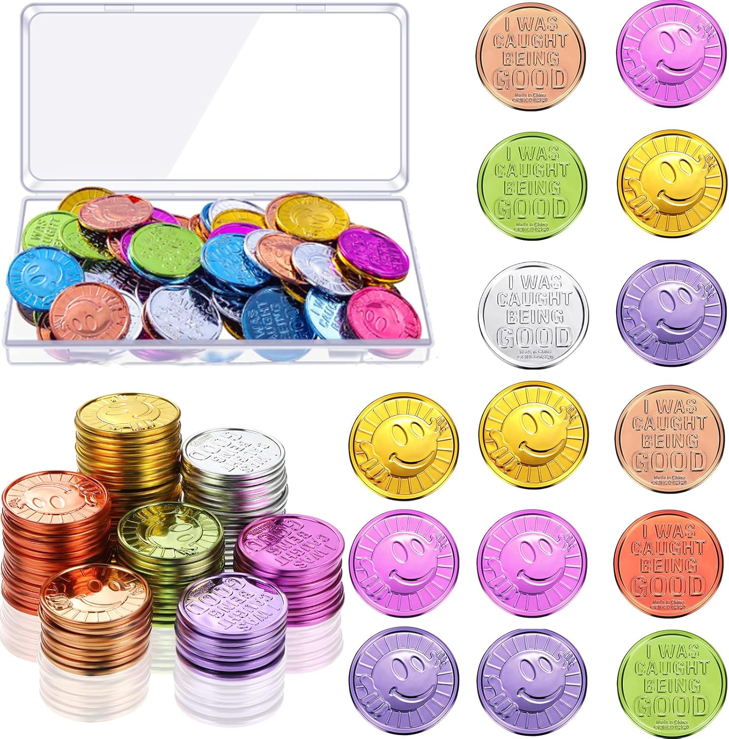 70 Pcs Caught Being Good Coins Tokens Colorful Plastic Reward Coins Smile Face Coins Pretend Play Coins Toy Incentive Coins with a Clear Box for School Teacher Rewards and Behavior Incentives image number 4
