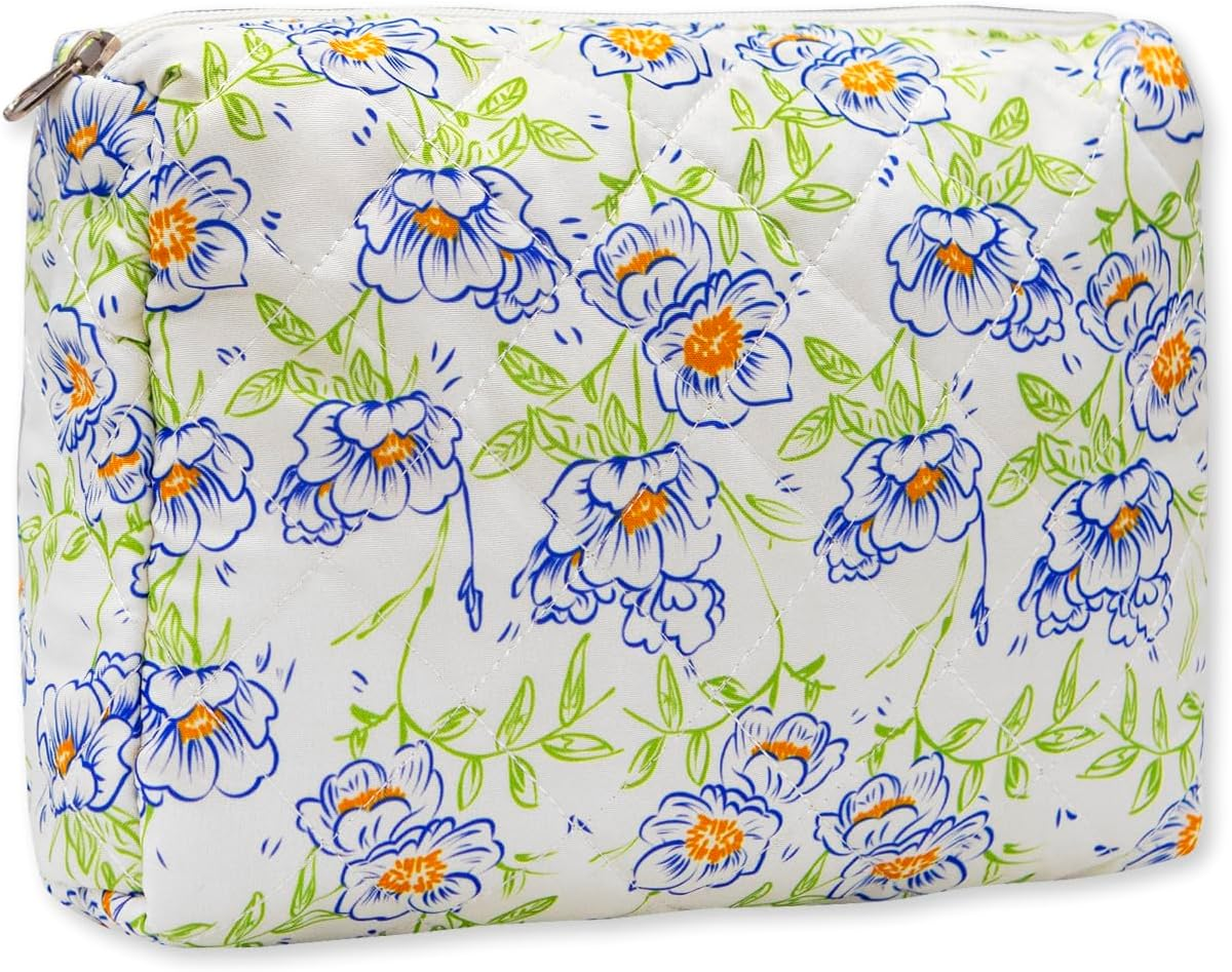 Long Keeper Large Makeup Bag Floral Aesthetic Cosmetic Bag Women Cotton Travel Make up Bag Cute Flower Toiletry Organizer Bag, Blue Green Flower, Trendy