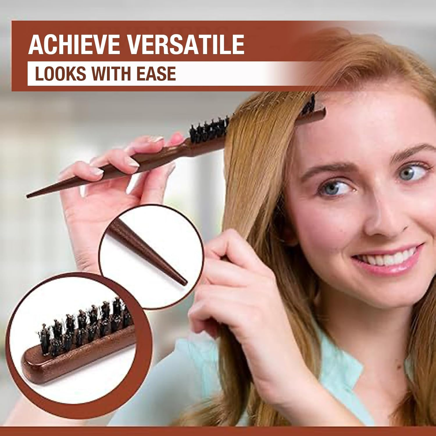 Auzly 5-Pack Premium Boar Bristle Hair Brush Set | Natural Slick Back & Beard Styling Brushes | Anti-Static Wooden Handle Hair & Beard Modeling Kit for Men & Women image number 2