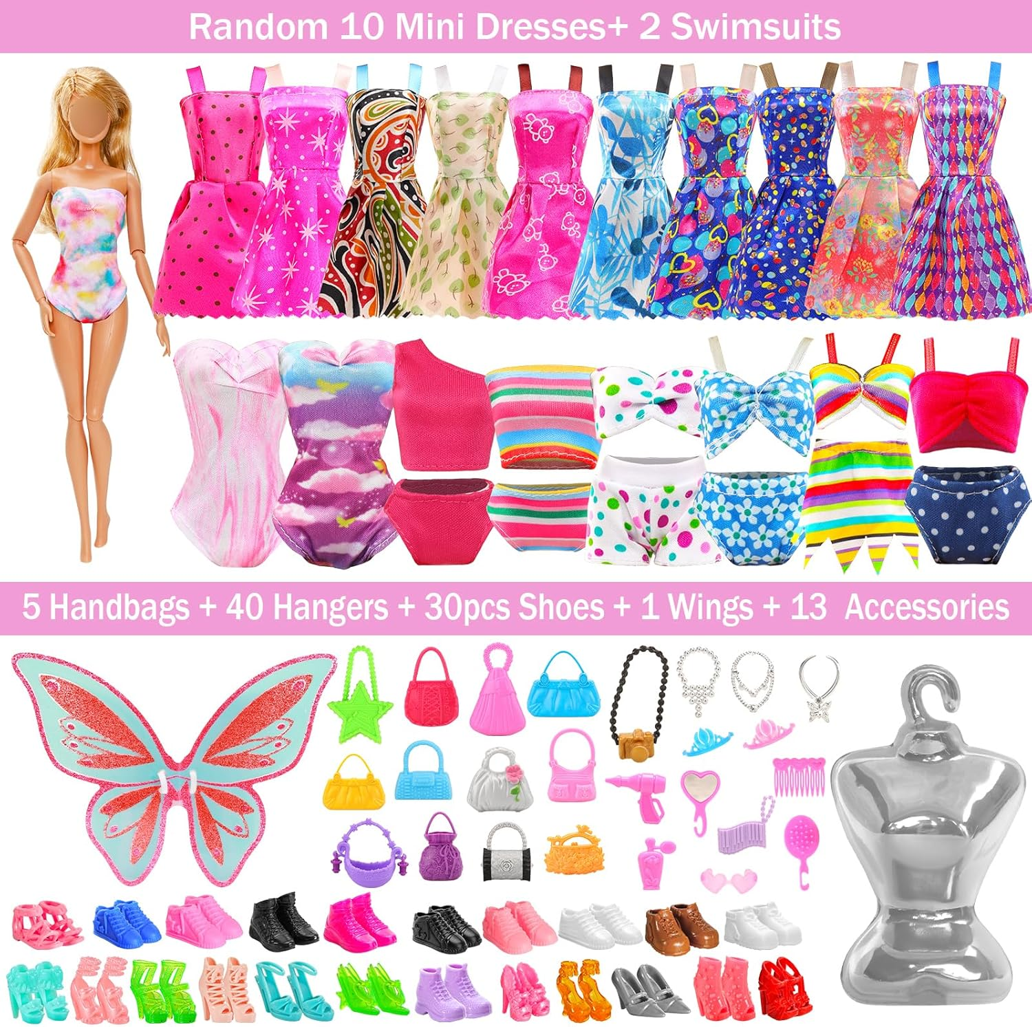 Barwa 110 Doll Clothes and Accessories Fashion Dresses Tops Pants Outfits Party Gown Mini Dresses Swimsuits Bikini Shoes Princess Wings Hangers Handbag for 11.5 Inch Doll image number 5