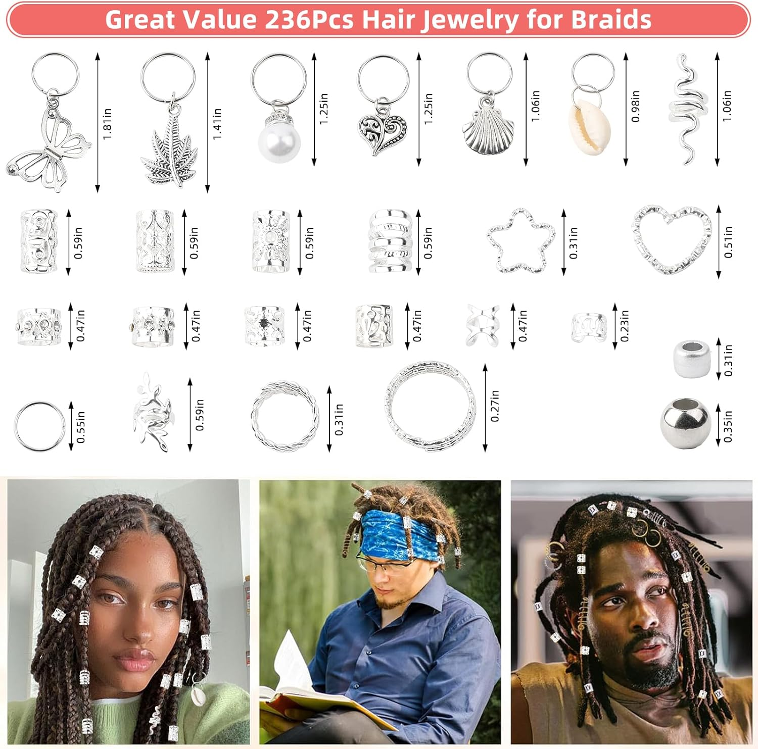 Pack of 236 Dreadlocks Jewellery, Hair Spiral Clips, Dreadlocks Accessories, Jewellery Hair Spiral Clips, a Variety of Fashion Styles, for Decorating Women'S and Men'S Hair - 236 Pieces image number 6