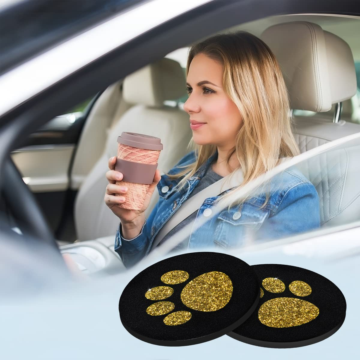 AUCELI 2 Pack Car Cup Holder Coasters, 2.75In Bling Glitter Rhinestone Paw Print Cup Coaster, Rubber Non-Slip Insert Auto Drink Mat, Universal Car Interior Accessories for SUV, Truck, RV (Golden) image number 1