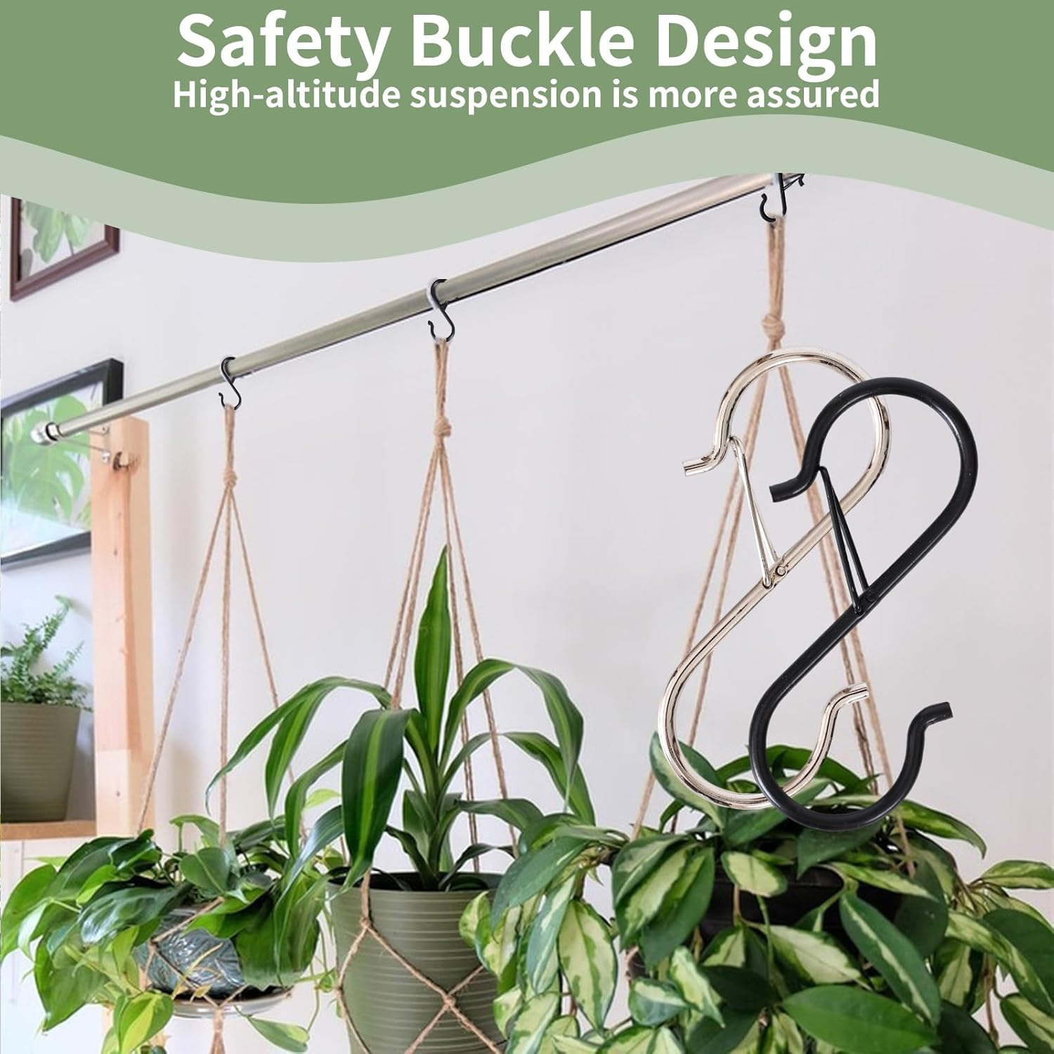 Mythosurge 10 Pack S Shaped Hooks,3.5 Inch Stainless Steel Heavy Duty S Hooks with Safety Buckle for Kitchen Utensil,Pans,Closet Rod,Bags,Purse,Clothes,Hooks for Hanging Pots (Black) image number 3