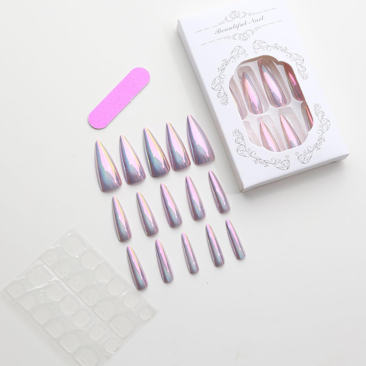 Pink Ombre Cat Eye Press on Nails | Long Stiletto Fake Nails Tips | 24Pcs Glossy Full Cover Nails Press Ons, Reusable Stick on Nails for Women Daily Nail Art image number 3