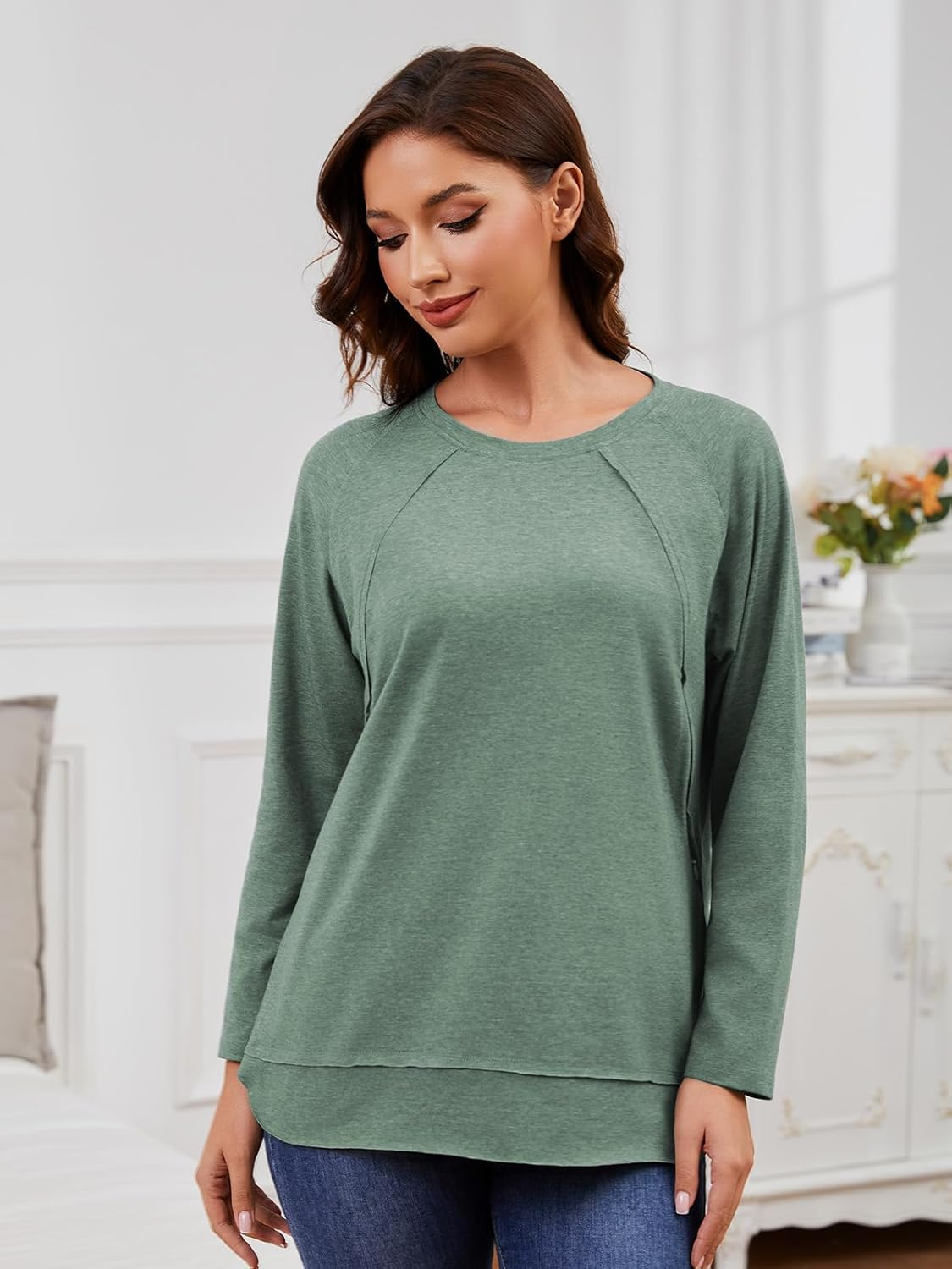 Ecavus Women'S Nursing Shirts for Breastfeeding with Zipper Long Sleeve Defined Seams Comfortable Breastfeeding Shirts image number 4